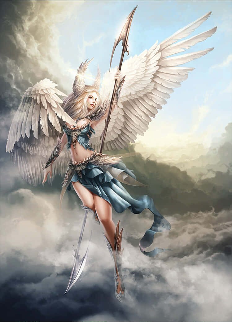 Beautiful Angel 桌布 壁紙 — 一位威嚴的帶翼戰士女神在暴風雲中翱翔，揮舞長矛和劍，擺出神聖的戰鬥姿態。