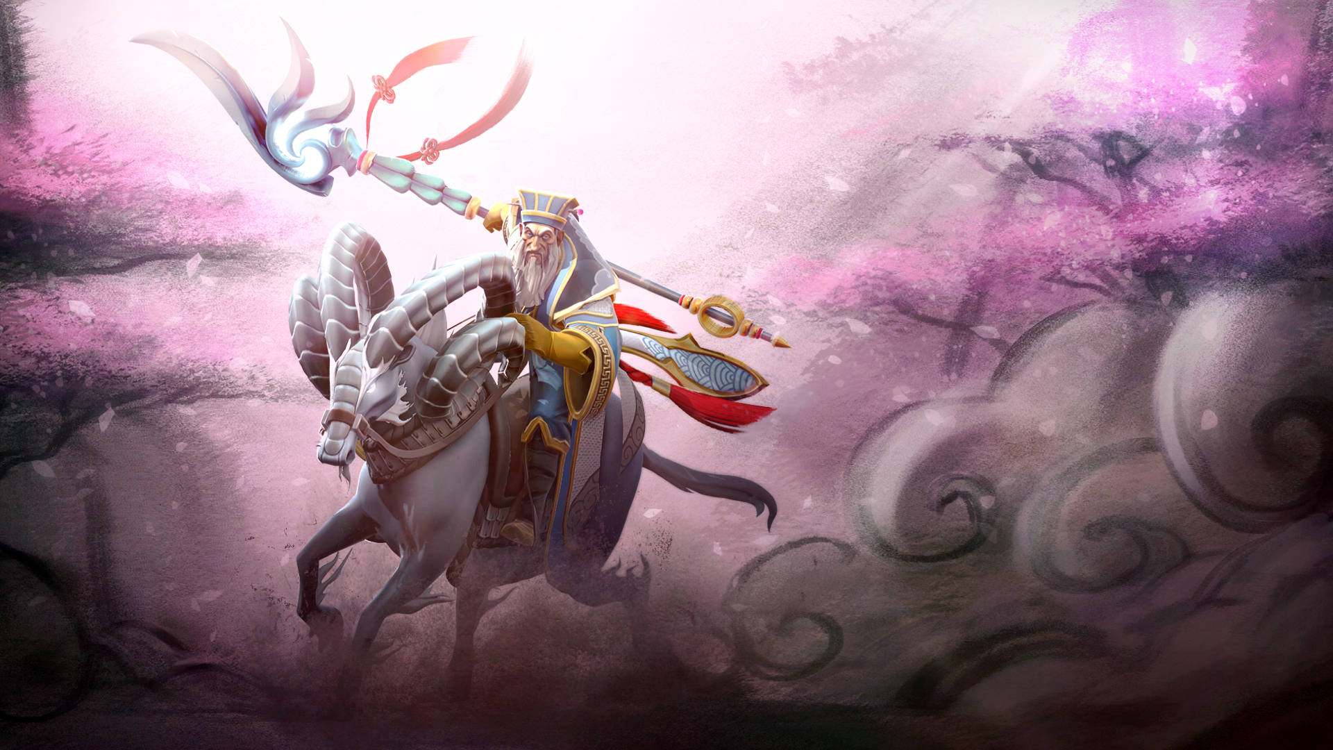 dota 2 4K 桌布 壁紙 — 一位威嚴的戰士留著長鬍鬚，騎著一匹白色鎧甲馬，穿過旋轉的粉紅色雲朵，手持發光法杖。