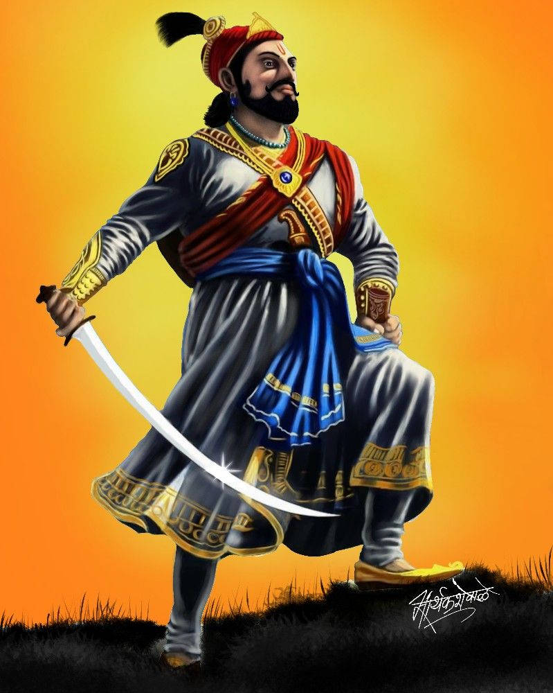 Indian 桌布 壁紙 — 一位威嚴的戰士身穿華麗的傳統服飾，手持彎刀，背景是燦爛的橙色日落。