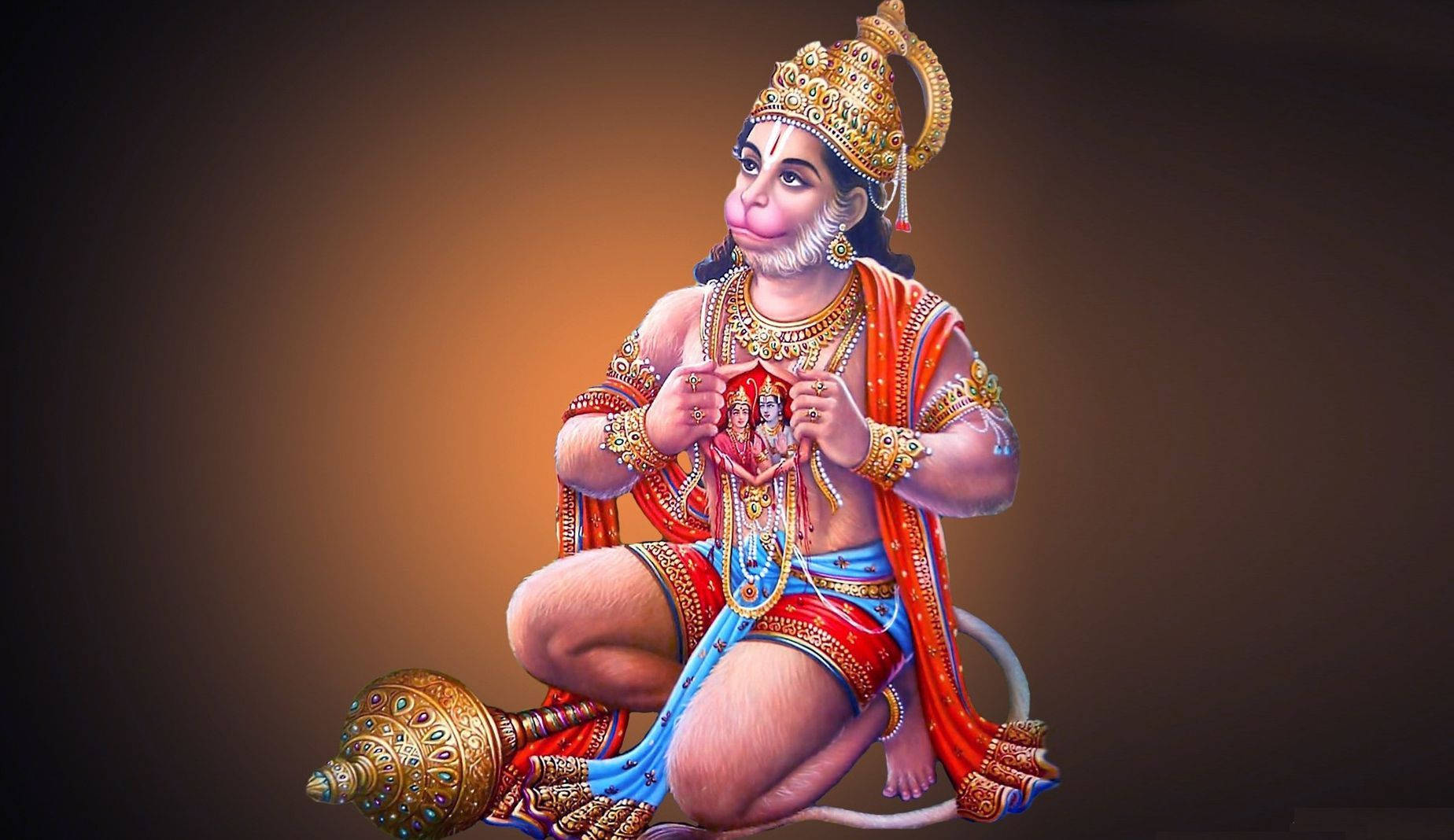 hanuman 4K HD 桌布 壁紙 — 一位威嚴的猴神，頭戴金冠、身佩珠寶，盤腿而坐，手持聖物，背景為溫暖的漸變色。