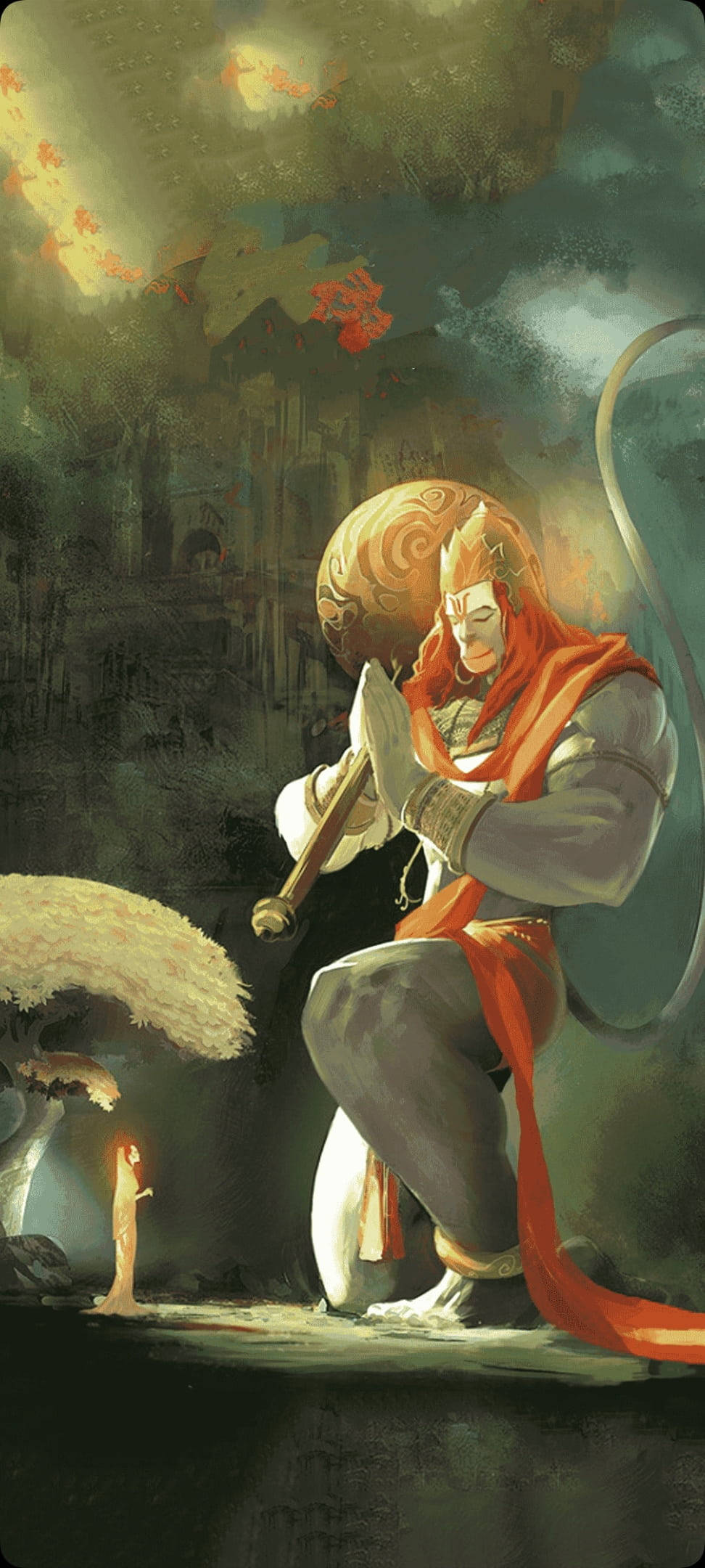 hanuman art 桌布 壁紙 — 一位威嚴的猴神身穿紅袍，在風暴天空下的迷霧廢墟中，跪在發光的蠟燭前祈禱。