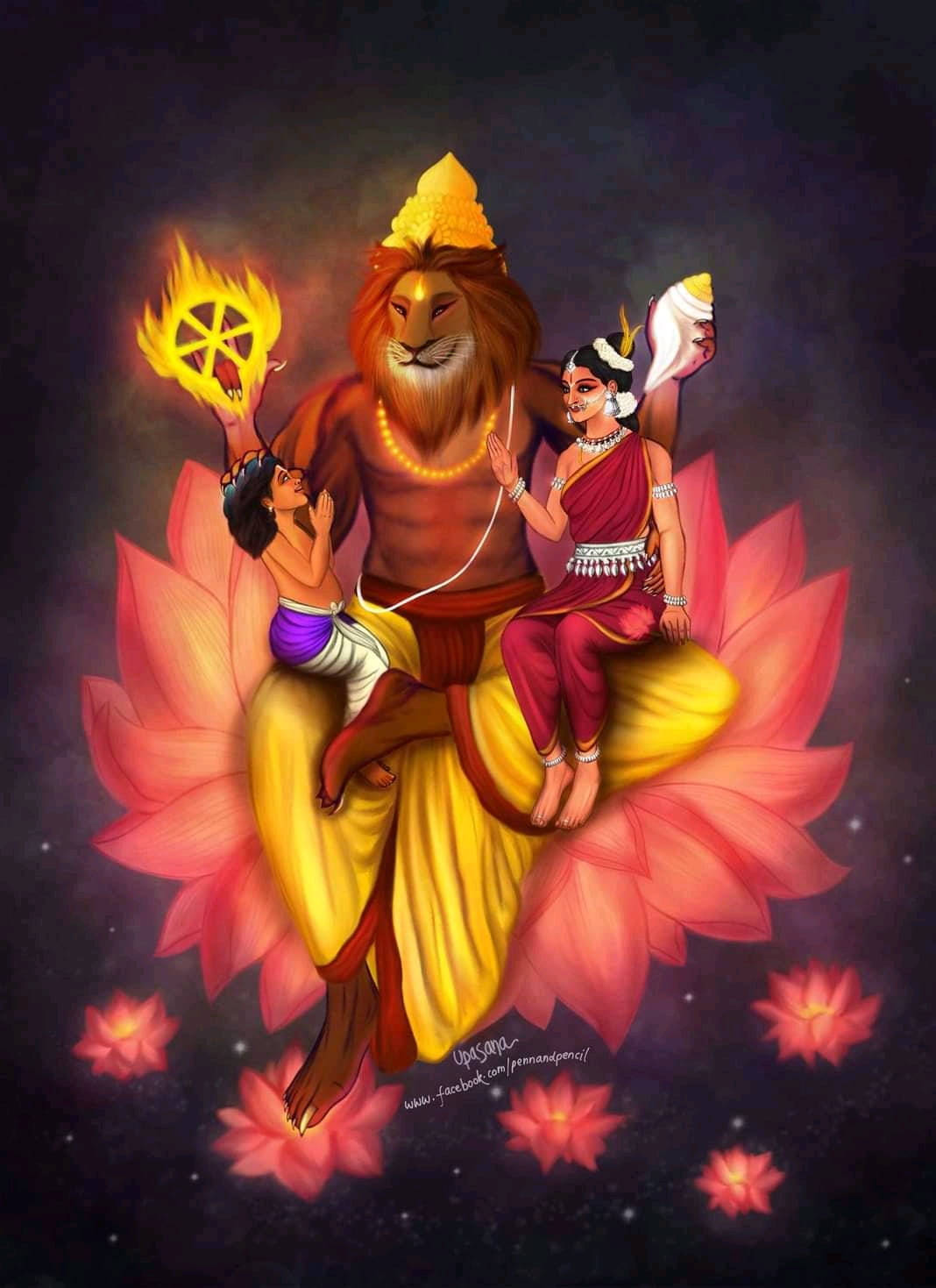 Indian 桌布 壁紙 — 一位威嚴的獅頭神祇坐在發光的粉紅色蓮花上，有兩位侍者，手持火焰輪和法螺，背景是星空夜空。
