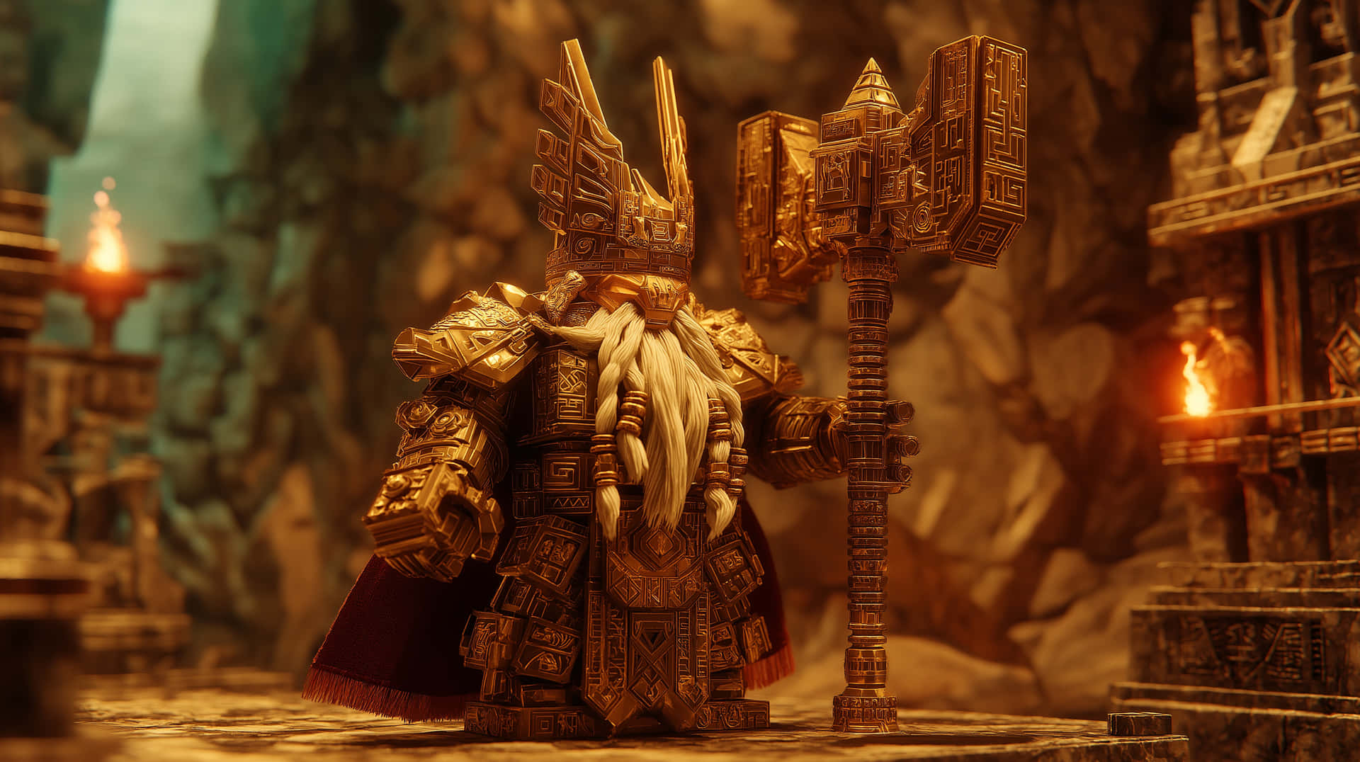Regal Dwarf Leader in Elaborate Armor 壁紙 — 一位威嚴的矮人戰士身穿華麗金色盔甲，在燈光昏暗的古老石廟中手持一把巨大的精雕戰鎚。