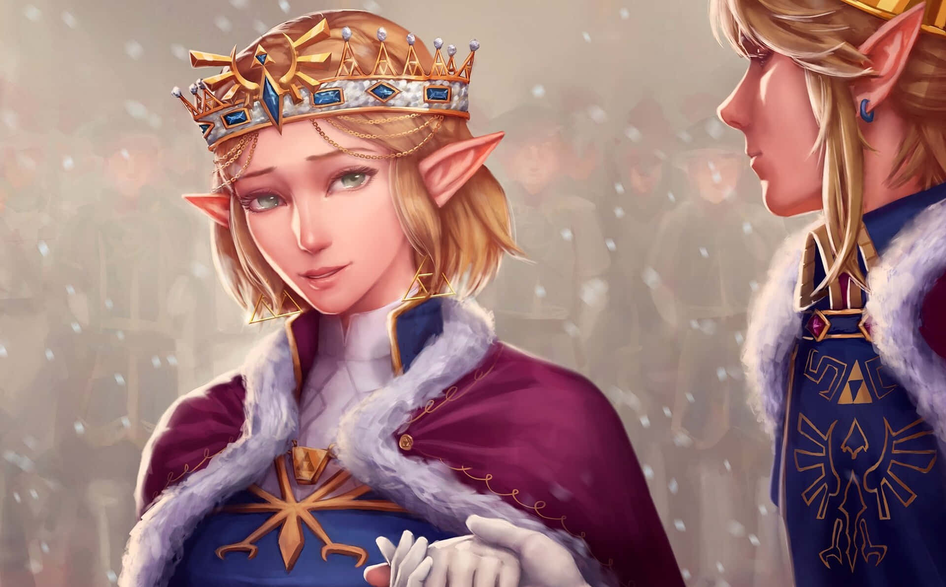 The Legend Of Zelda Tears Of The Kingdom 桌布 壁紙 — 一位威嚴的精靈女王，戴著鑲有寶石的王冠，穿著紫色毛皮鑲邊的斗篷，在白雪皚皚、模糊的人群中與一位金髮精靈王子牽手。