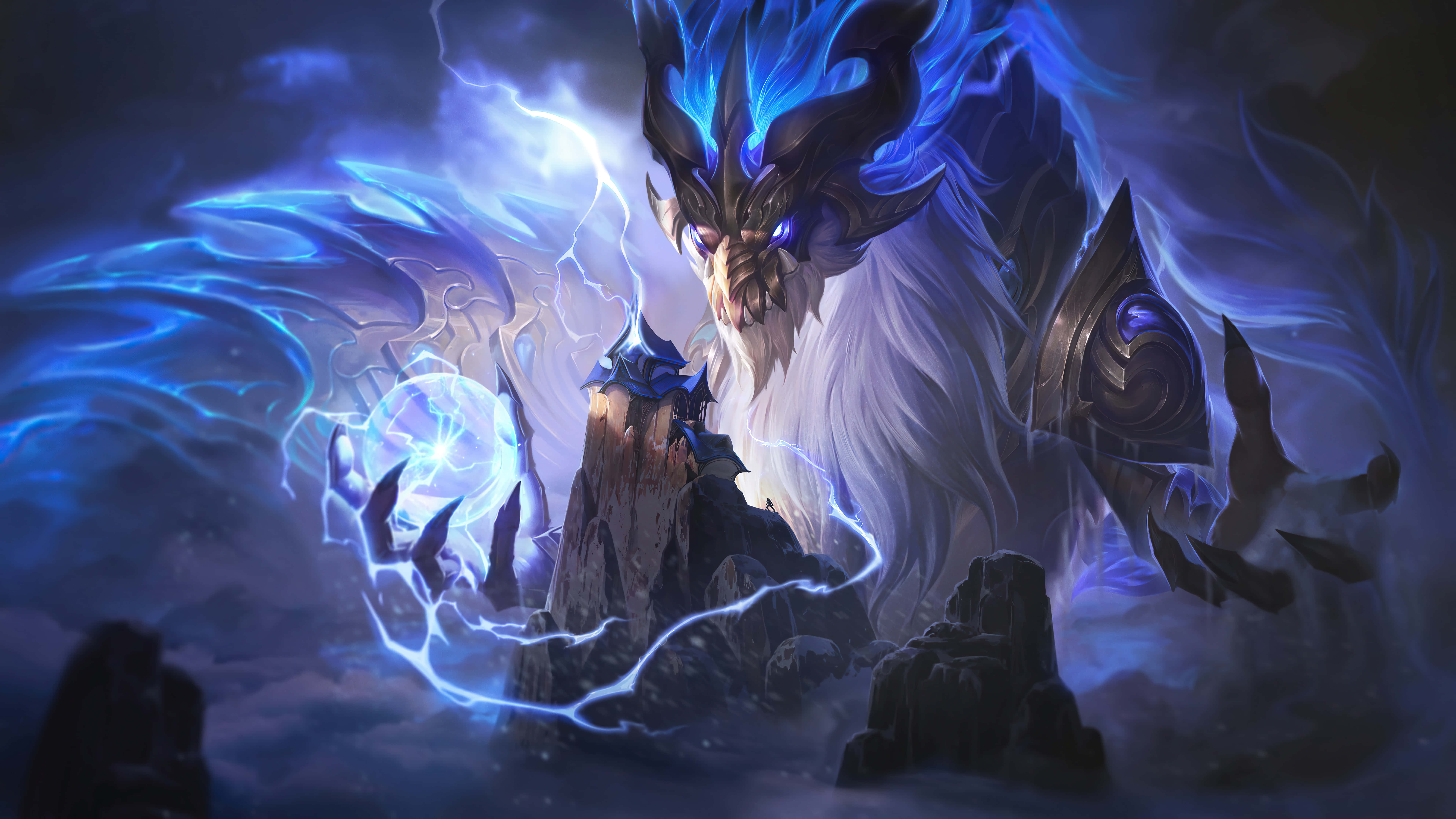 Mythical Dragon 桌布 壁紙 — 一位威嚴的藍色雷電龍神站在崎嶇的岩石上，劈啪作響的能量在其裝甲形態周圍旋轉，背景是暴風雨的天空。