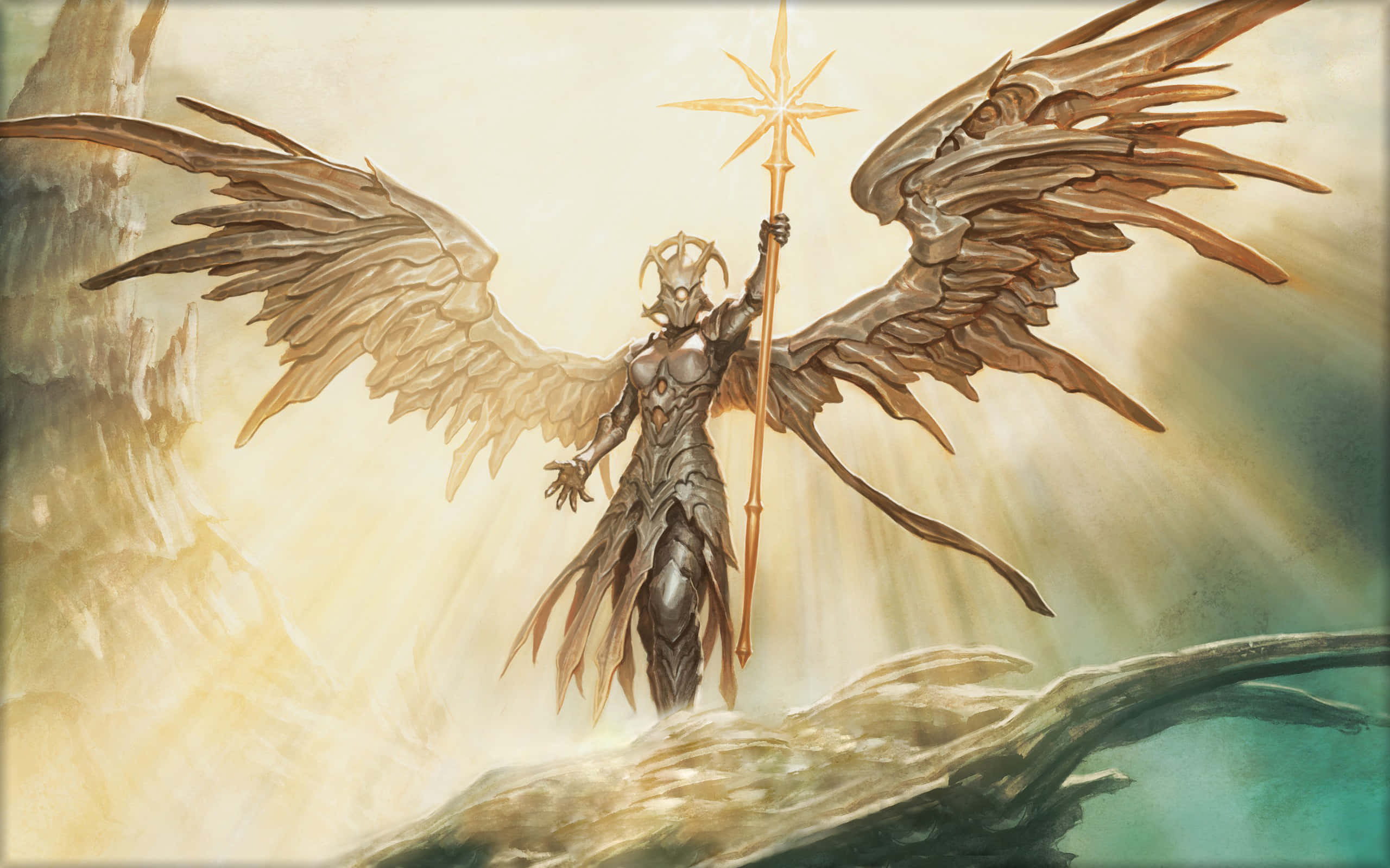 Angelic 桌布 壁紙 — 一位威嚴的裝甲天使，擁有寬大的棕色翅膀，站在岩石峭壁上，手持閃耀的星尖權杖，映襯著朦朧的天空。