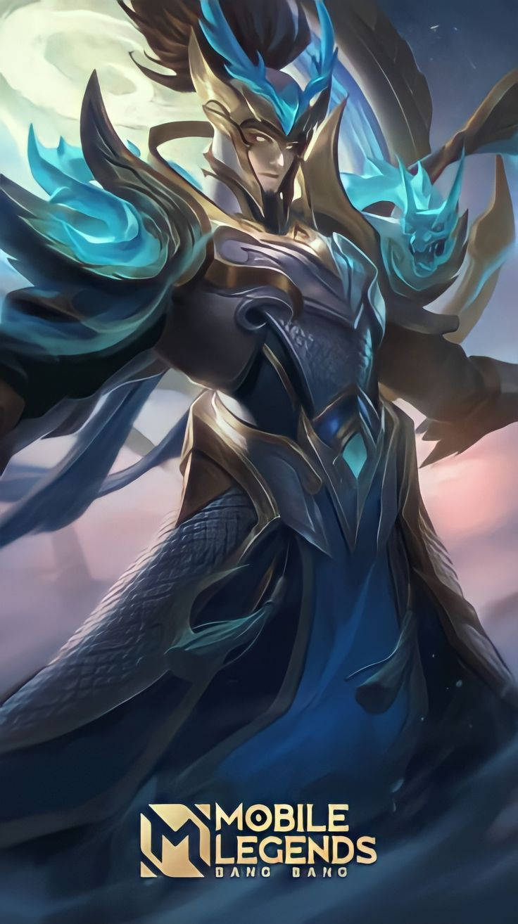 zilong 桌布 壁紙 — 一位威嚴的裝甲戰士，擁有發光的藍色能量翅膀和兇猛的表情，站在宇宙背景前。