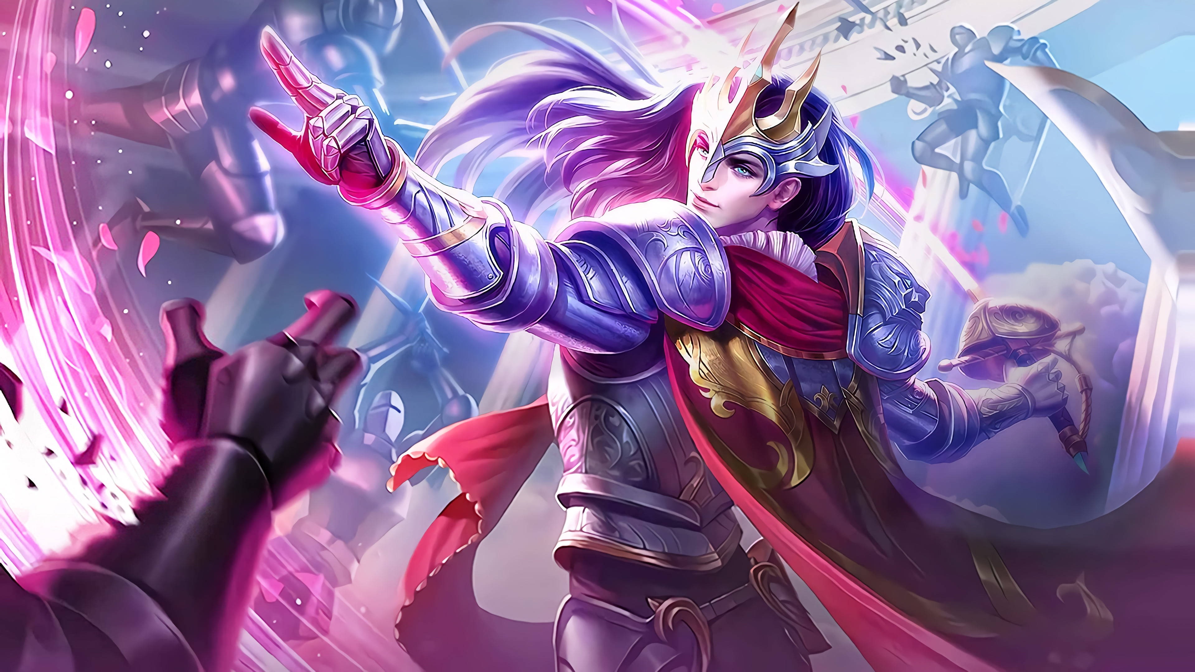 heroes 桌布 壁紙 — 一位威嚴的裝甲戰士，擁有飄逸的紫色長髮和金色王冠，在動態的奇幻戰鬥場景中引導粉紅色能量。