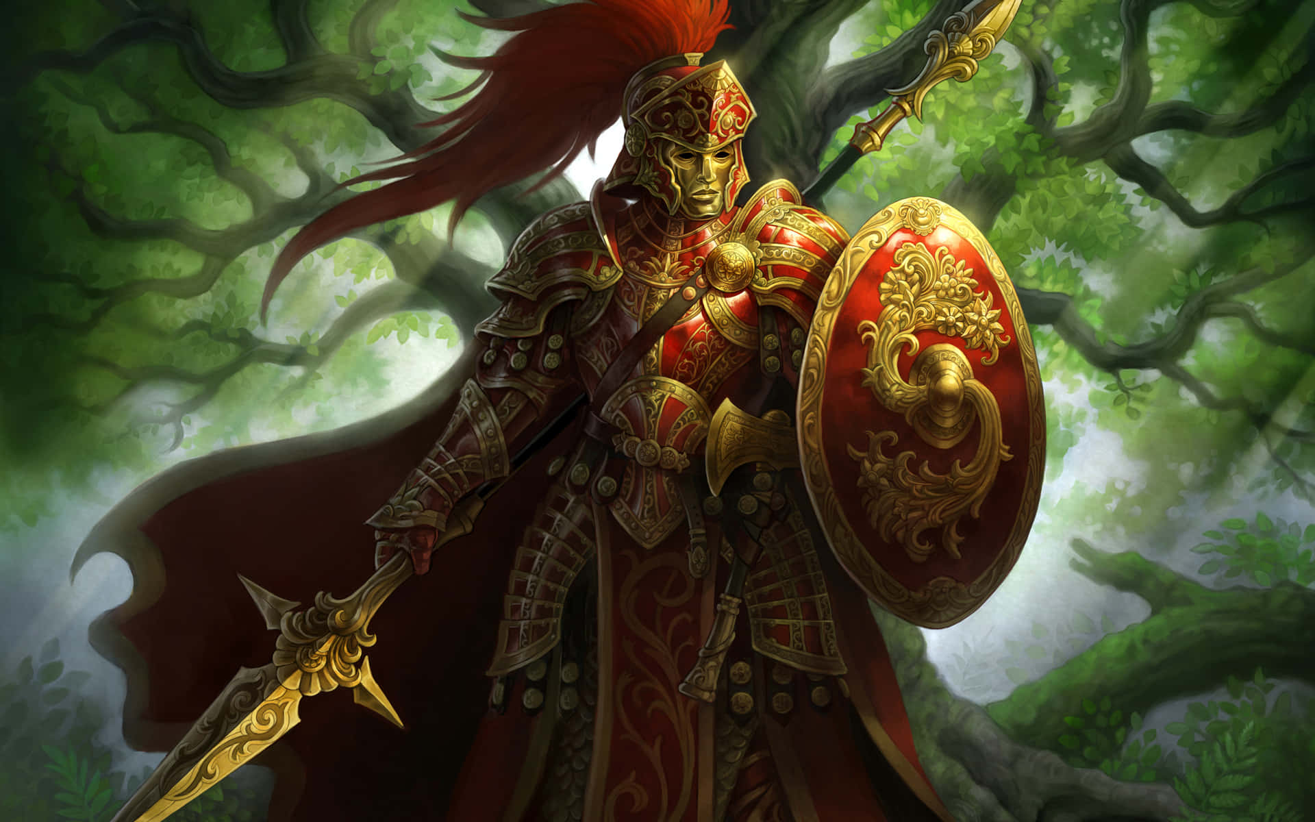 Warrior 桌布 壁紙 — 一位威嚴的裝甲騎士，戴著紅色羽飾頭盔，穿著華麗的紅金色盔甲，站在茂密的綠色森林中，手持劍和盾牌。