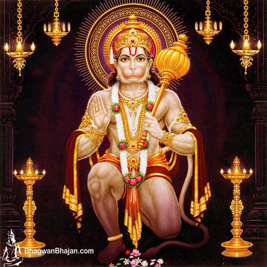 hanuman ji HD 桌布 壁紙 — 一位威嚴的金飾猴王端坐在寶座上，周圍環繞著發光的燈籠和花環。