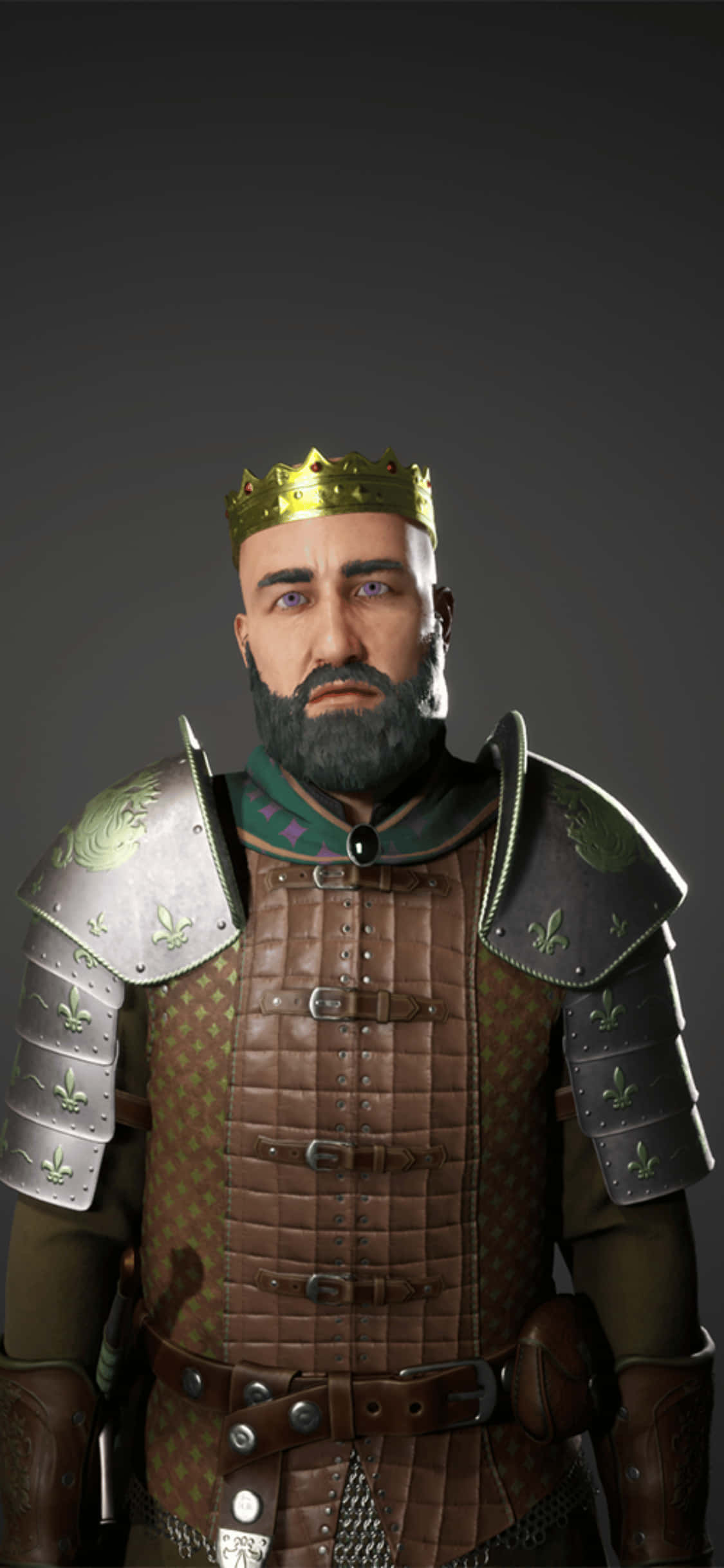 iPhone Xs Mordhau 桌布 壁紙 — 一位威嚴的鬍鬚國王，戴著華麗的金色王冠和精細的中世紀盔甲，站在深色漸變背景前。
