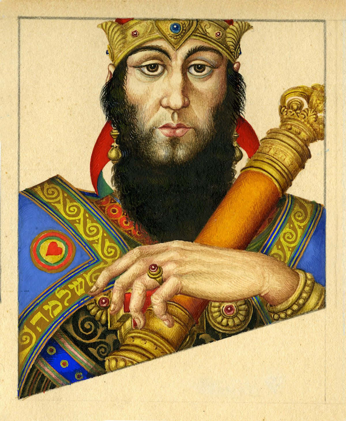King Solomon 桌布 壁紙 — 一位威嚴的鬍鬚男子，戴著華麗的金色王冠和鑲有珠寶的長袍，手持帶有紅色心形徽章的權杖。