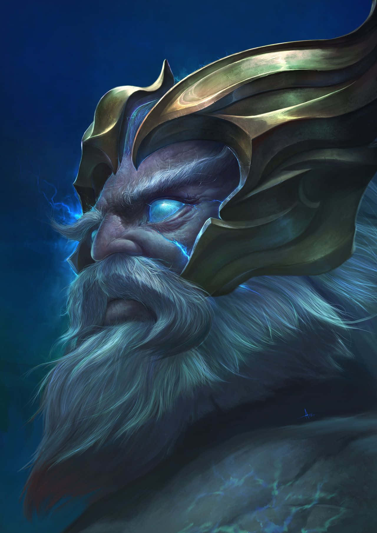 Dota 2 Zeus 桌布 壁紙 — 一位威嚴的鬍鬚神，擁有發光的藍色眼睛和華麗的金色頭盔，從深藍色的海洋水中浮現。