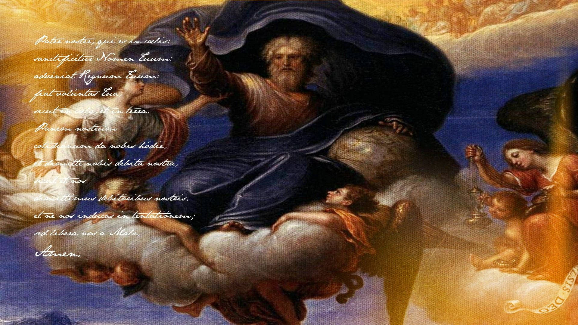 angels 桌布 壁紙 — 一位威嚴的鬍鬚神祇身穿飄逸長袍，在雲端上比劃手勢，周圍環繞著天使和小天使，構成神聖的天國場景。