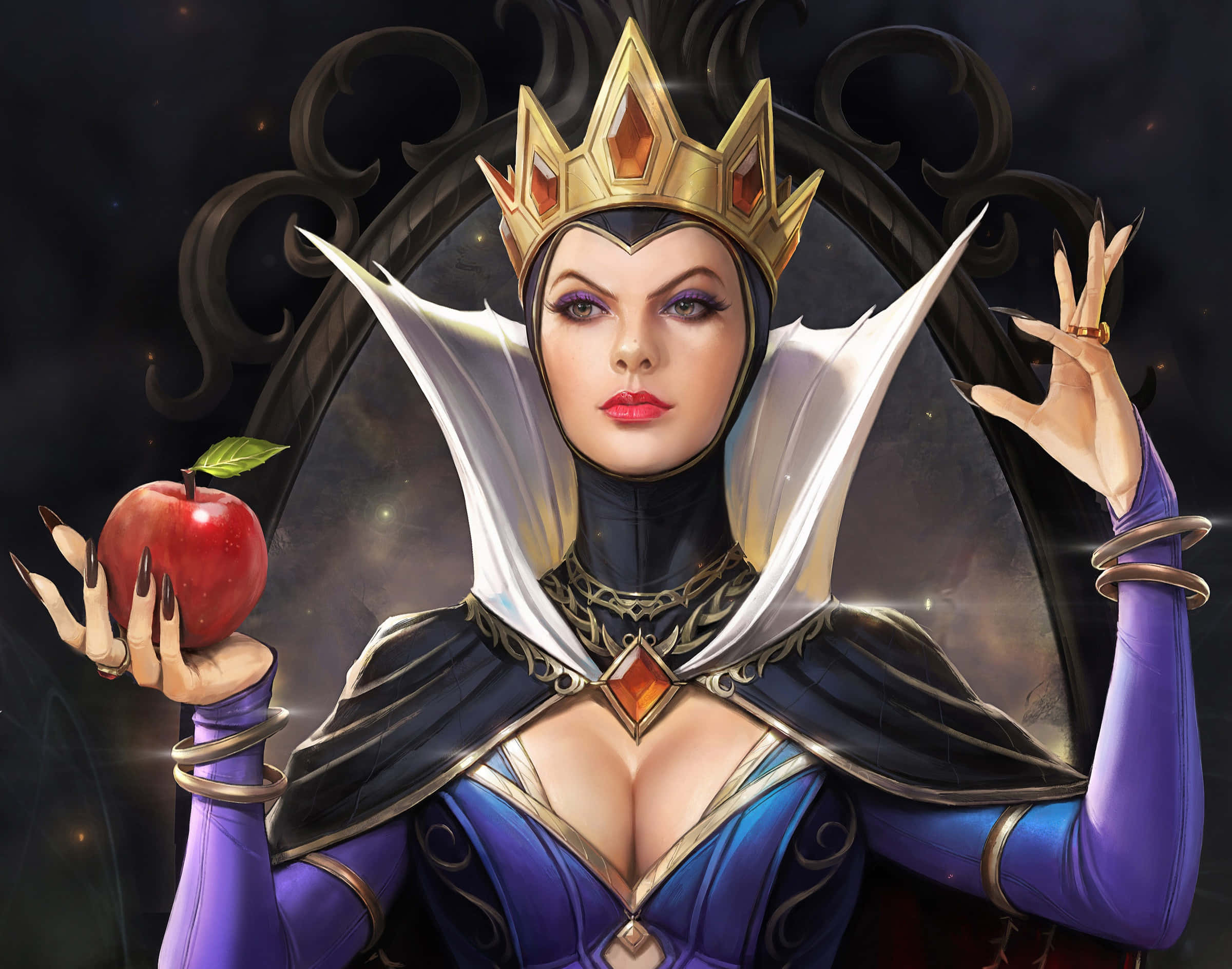 白雪公主 桌布 壁紙 — 一位威嚴的黑暗女王，戴著金色王冠，穿著紫色服裝，手持一個紅蘋果，在星空背景下做出不祥的手勢。