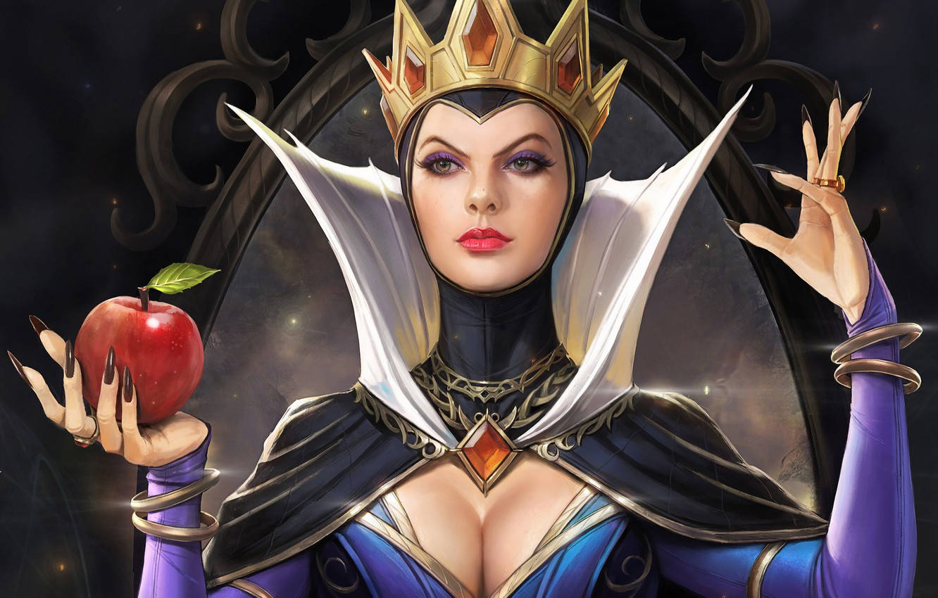 藝術 桌布 壁紙 — 一位威嚴的黑暗女王，戴著金色王冠，身穿紫色服裝，在星空背景下拿著一個紅蘋果，做出不祥的手勢。