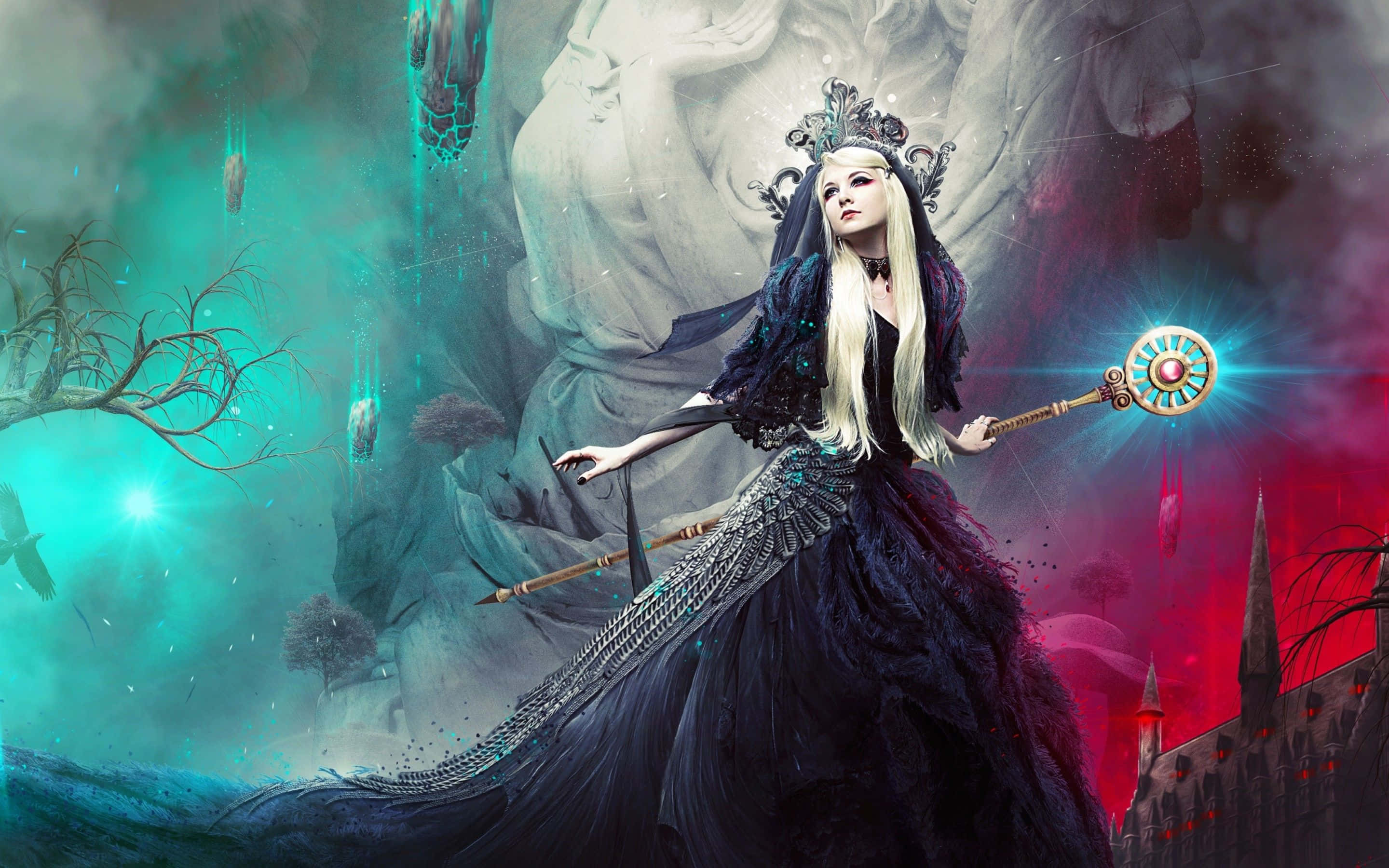 Dark Witch 桌布 壁紙 — 一位威嚴的黑暗女王身穿飄逸的黑色長袍，在超現實的藍綠色和深紅色奇幻景觀中揮舞著發光的法杖。
