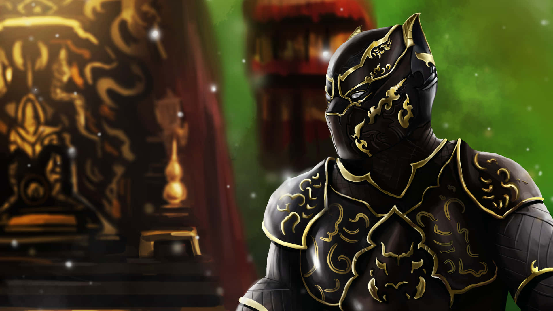 King Of Wakanda 桌布 壁紙 — 一位威嚴的黑色裝甲戰士，飾有金色花絲，站在燈光昏暗的寶座廳中，周圍是華麗的金色家具和紅色窗簾。
