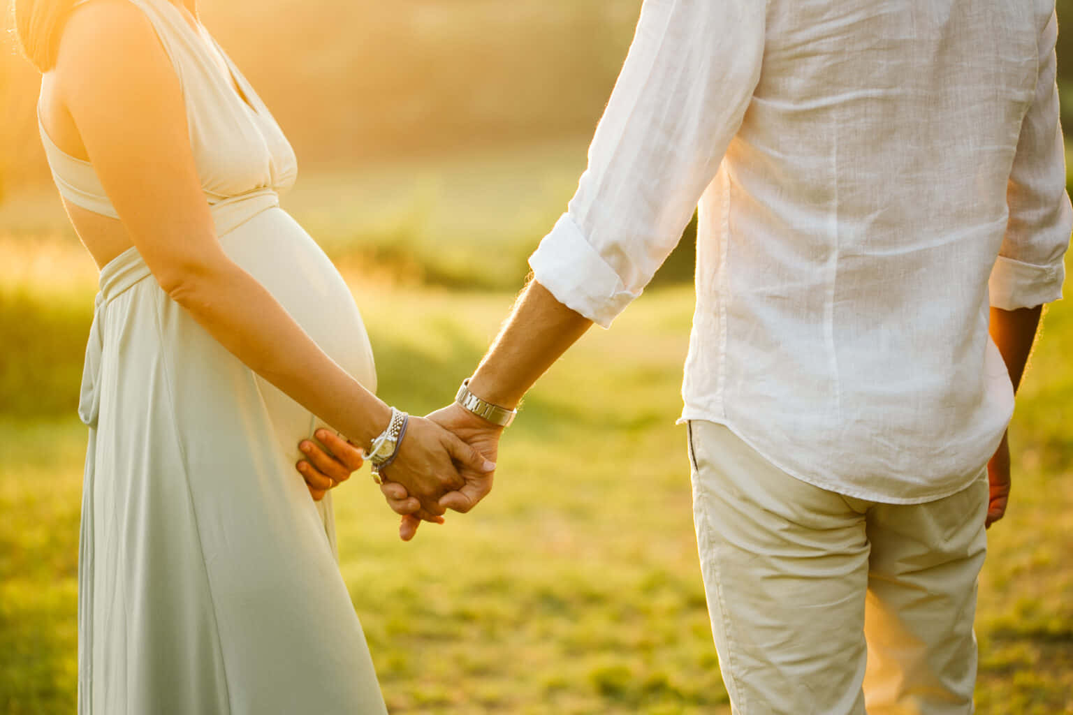 Pregnant 桌布 壁紙 — 一位孕婦和一名男子在陽光明媚的田野中，於黃金時刻溫暖的逆光下牽手。