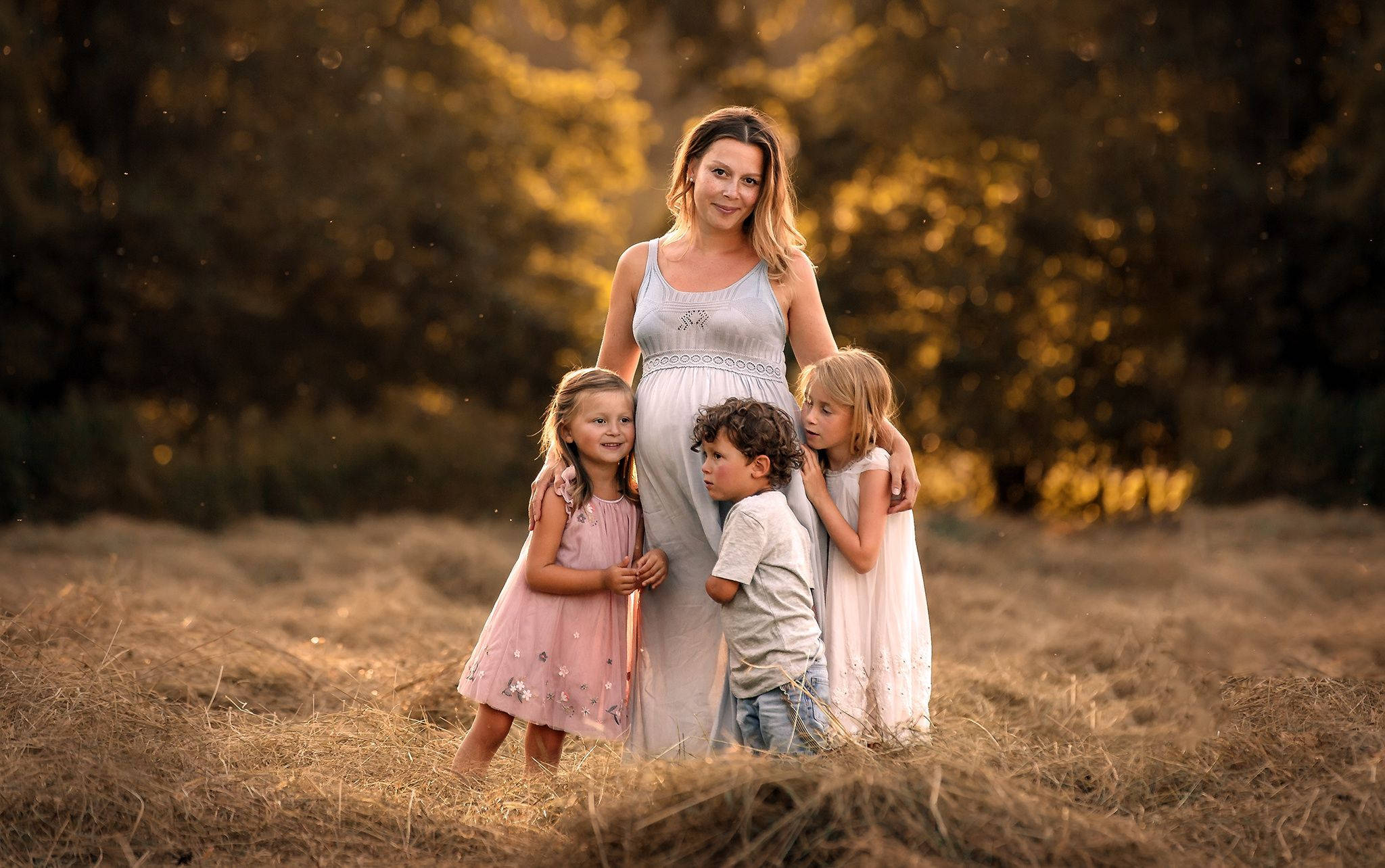 mother 桌布 壁紙 — 一位孕婦在黃金時段被三個小孩溫暖地擁抱在陽光照耀的乾草地上。