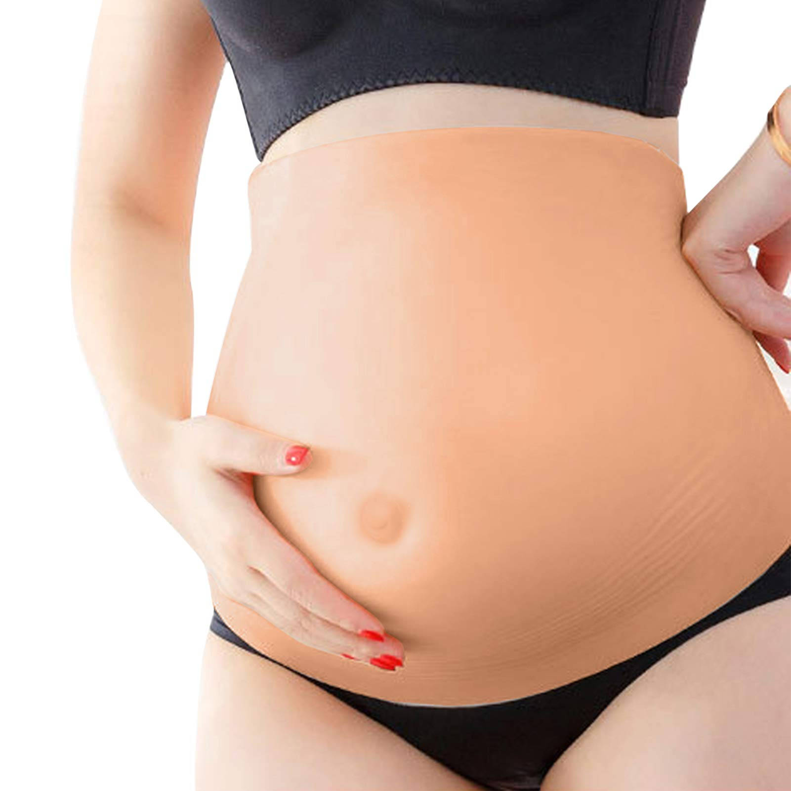 Pregnant 桌布 壁紙 — 一位孕婦用塗了紅色指甲油的手輕輕托住圓潤的肚子，背景是純白色。