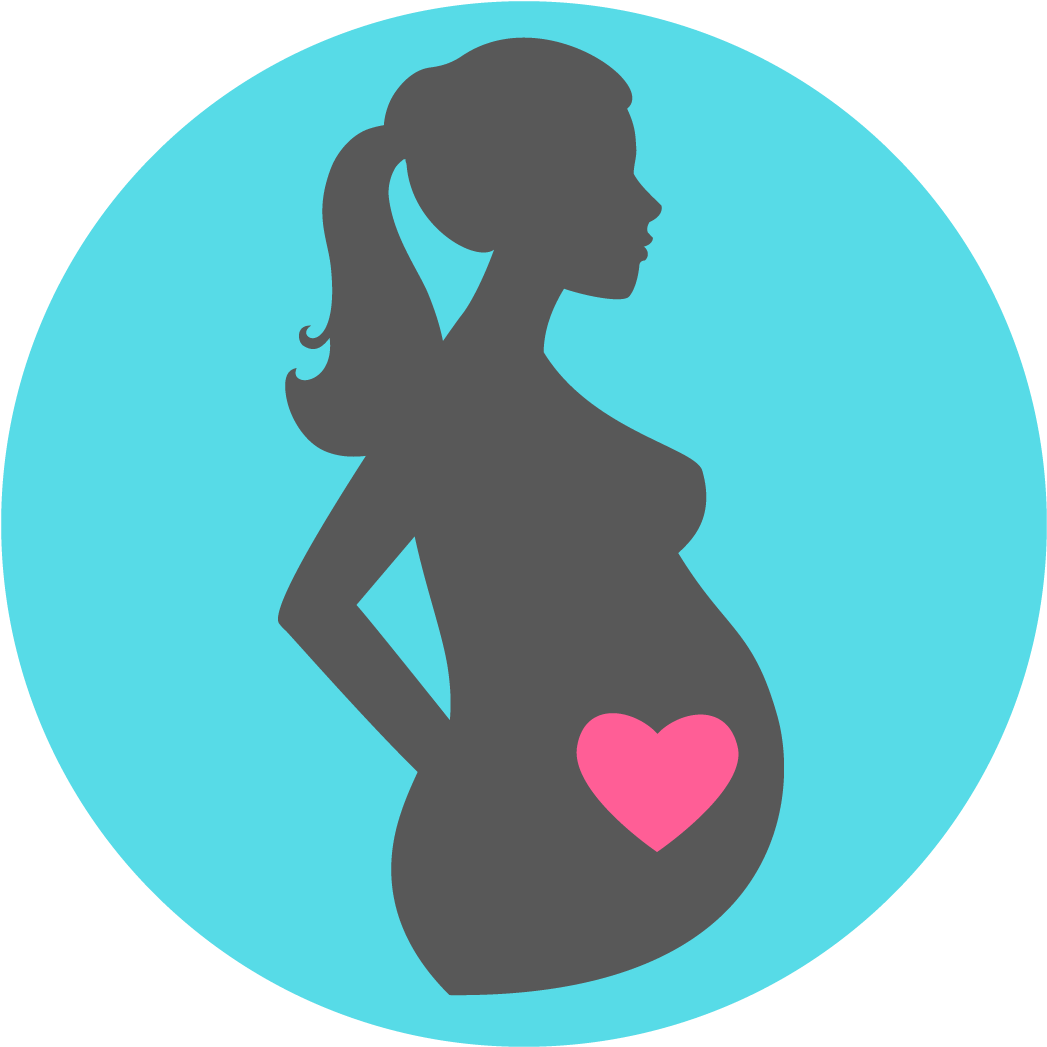 Womb 桌布 壁紙 — 一位孕婦的側面剪影，肚子上有一個粉紅色的心形，背景是青綠色的圓形。