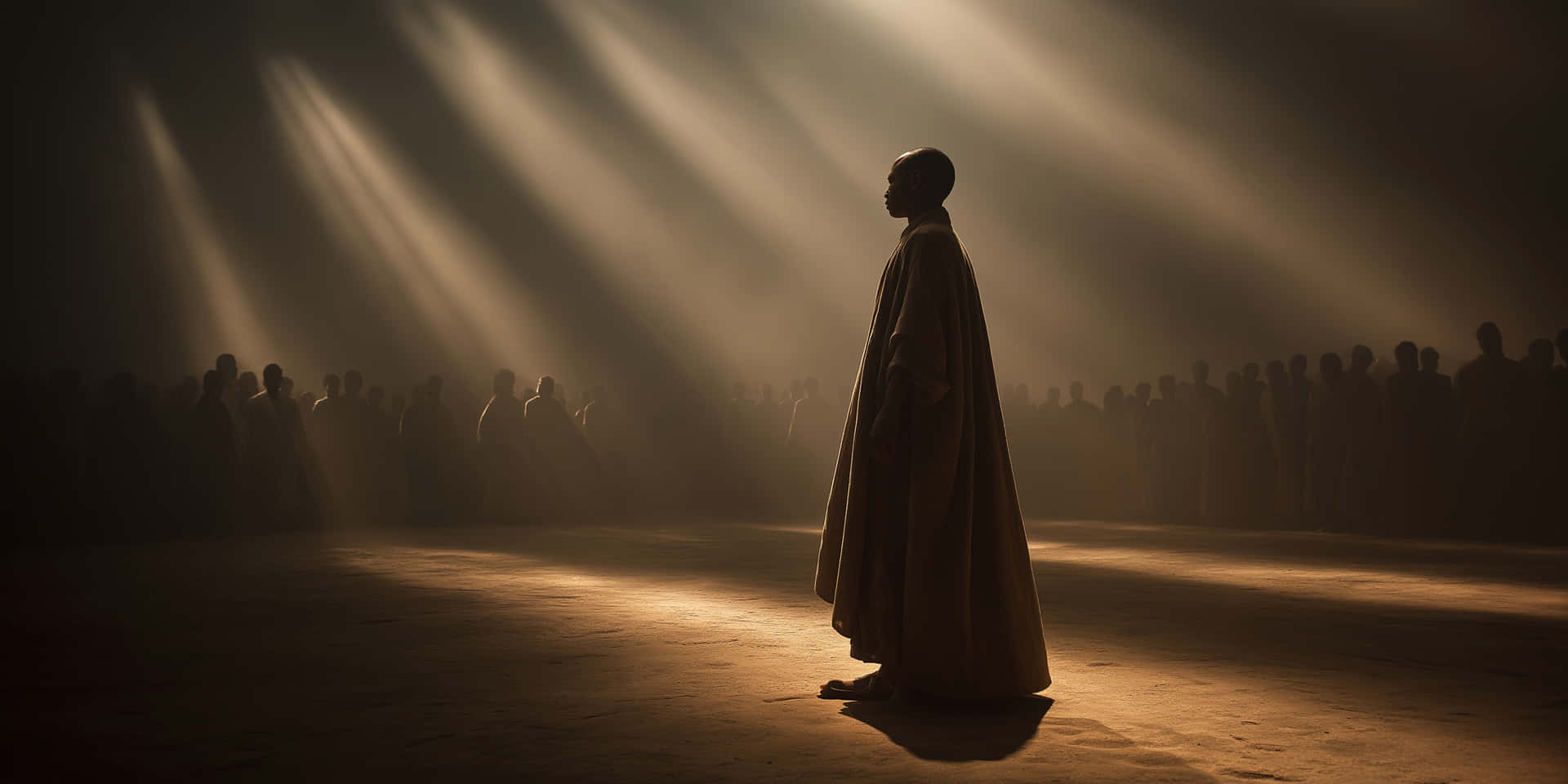 Dramatic Stage Lighting 壁紙 — 一位孤獨的僧侶站在金色光束中，而人群在陰影的寂靜中觀看。
