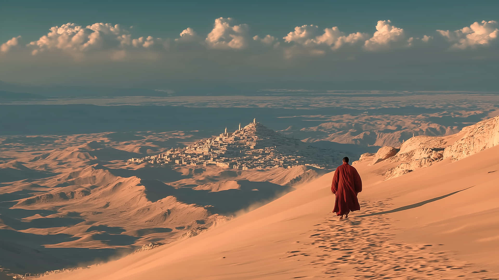 Moody editorial desert portrait of a lone Bedouin 壁紙 — 一位孤獨的僧侶身穿飄逸的紅色長袍，沿著陽光照耀的沙丘向下走，朝向一個遙遠的白色修道院，該修道院坐落在廣闊的沙漠山谷中，天空多雲。