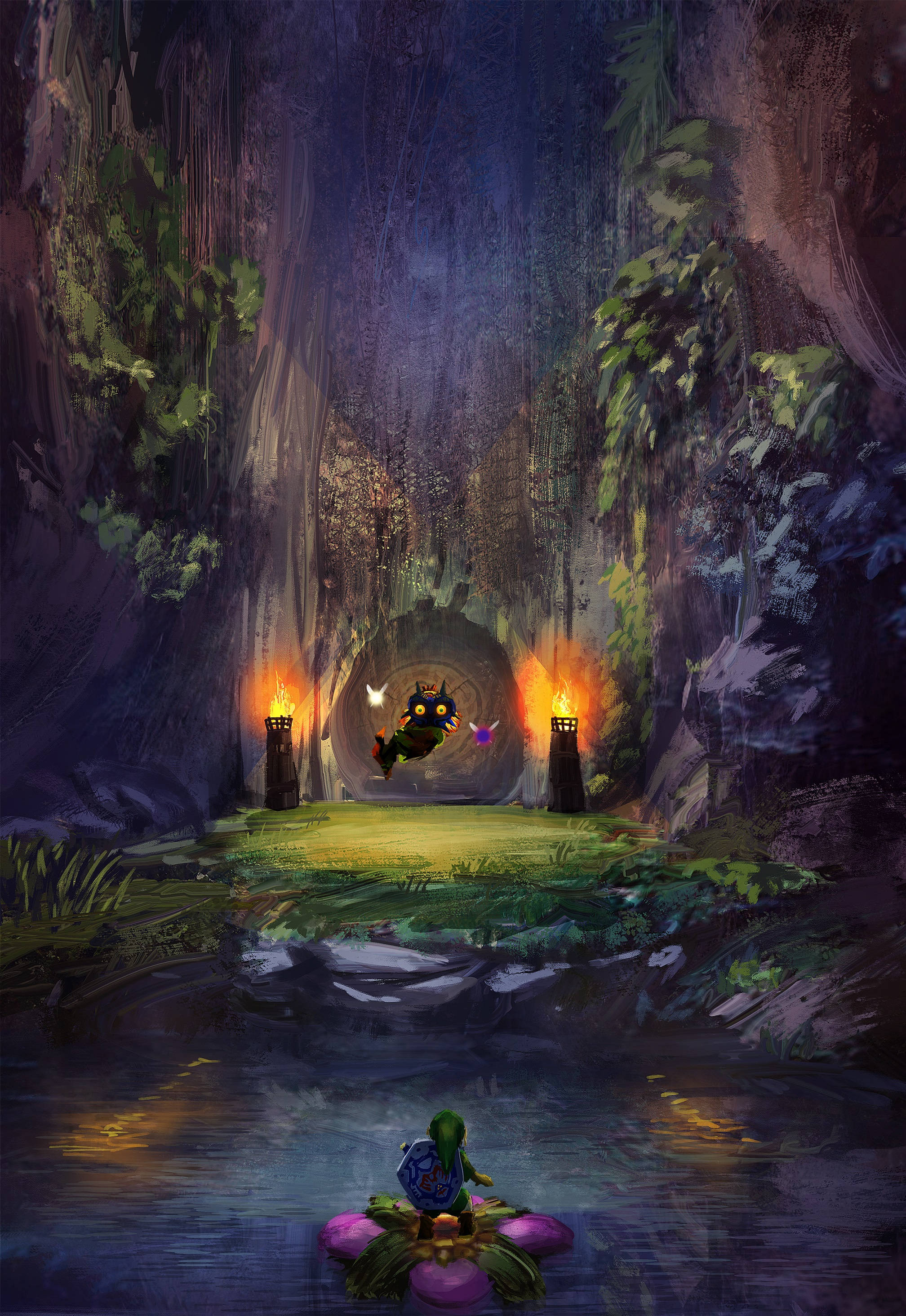 Majora's Mask 桌布 壁紙 — 一位孤獨的冒險家乘坐蓮花船滑向一個發光的洞穴入口，那裡有一個漂浮的生物，眼睛如火，在兩個火炬之間盤旋。