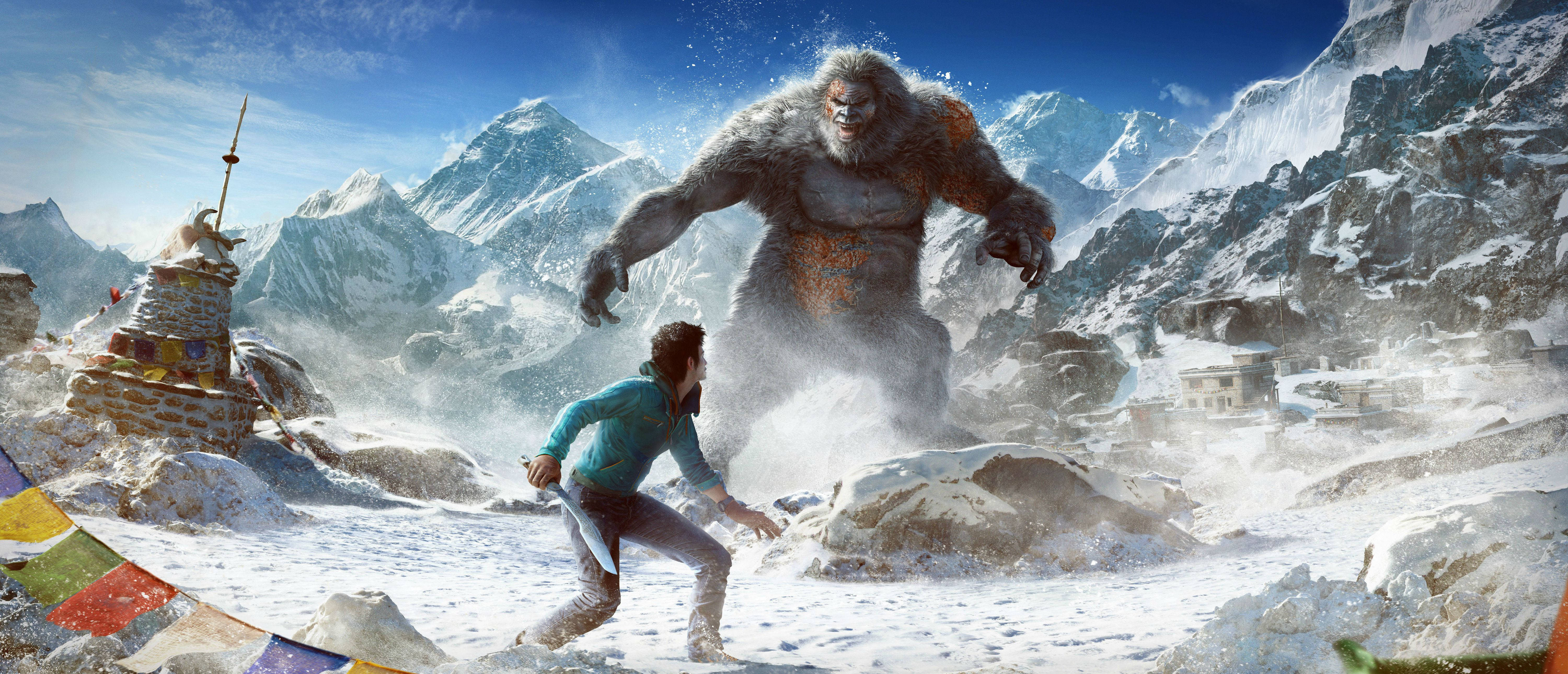 Far Cry 4 桌布 壁紙 — 一位孤獨的冒險家在白雪皚皚的山谷中面對巨大的雪人，周圍有經幡和佛塔。