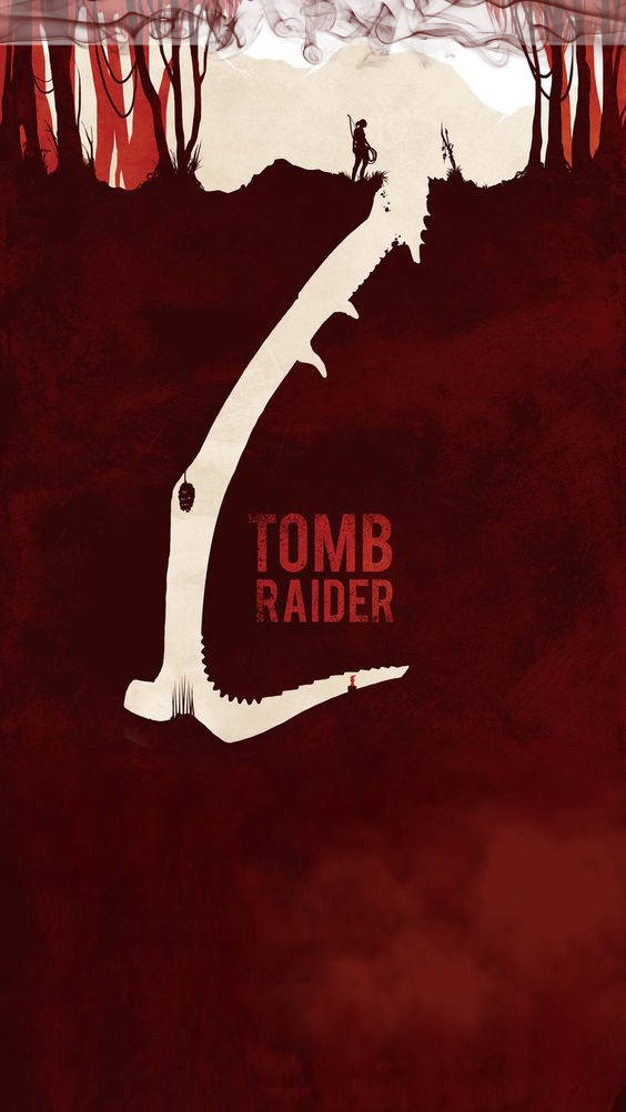 tomb raider iPhone 桌布 壁紙 — 一位孤獨的冒險家攀爬巨大的白色懸崖，背景是血紅色的森林，並帶有 'Tomb Raider' 文字。