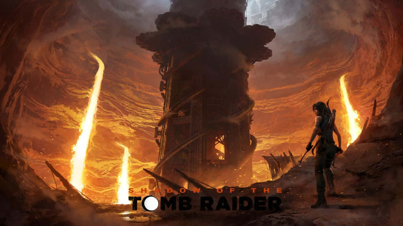 video games 桌布 壁紙 — 一位孤獨的冒險家站在一座 crumbling 的古老塔樓前，熾熱的間歇泉在洞穴般的橙色廢墟中噴發。