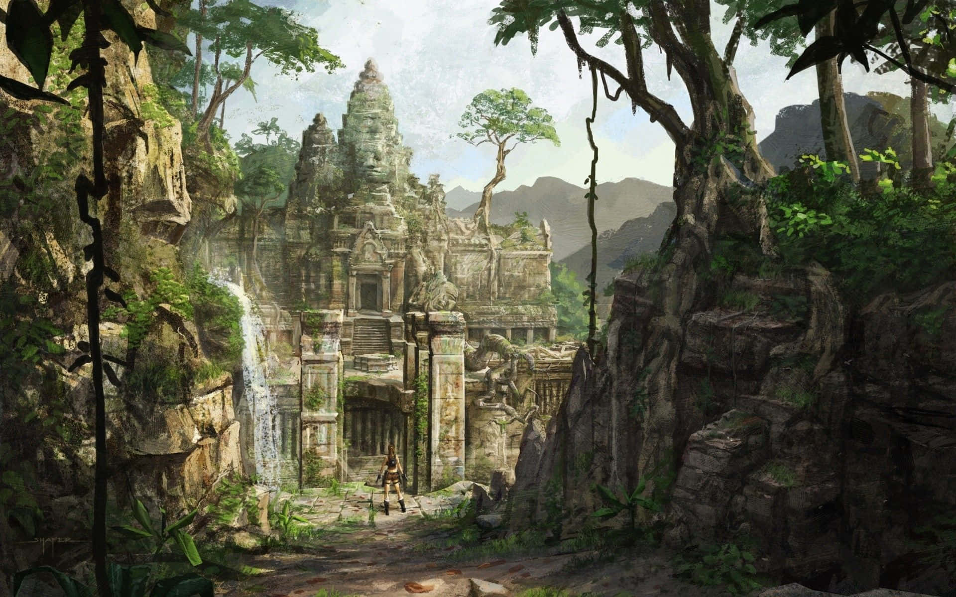 廟宇 桌布 壁紙 — 一位孤獨的冒險家站在一座古老石廟前，廟宇坐落於茂密的叢林中，附近有瀑布傾瀉而下。