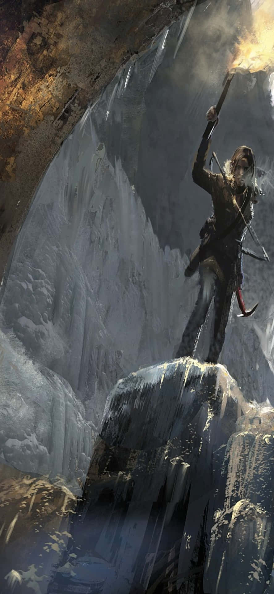 iPhone X Rise Of The Tomb Raider 桌布 壁紙 — 一位孤獨的冒險家站在冰凍的懸崖上，手持燃燒的火把，背景是冰冷的洞穴牆壁和垂下的冰柱。