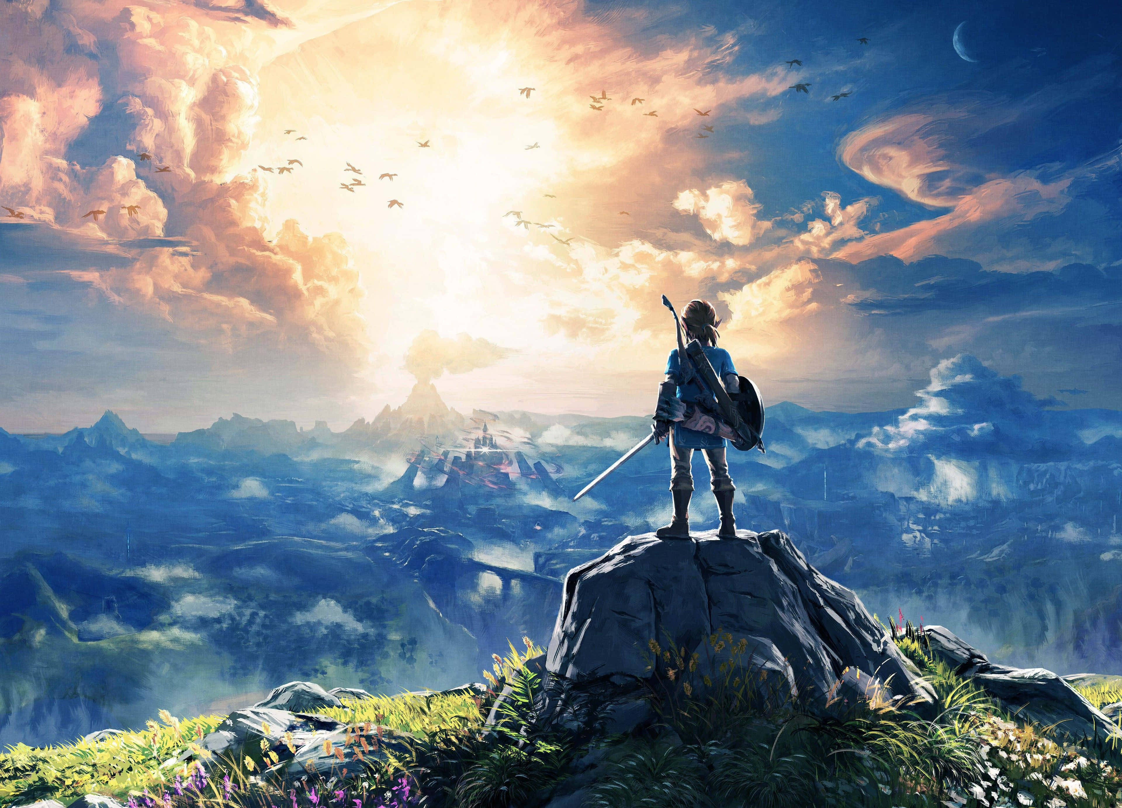 Breath Of The Wild 桌布 壁紙 — 一位孤獨的冒險家站在岩石山峰上，俯瞰著沐浴在金色夕陽光芒中的廣闊山景。