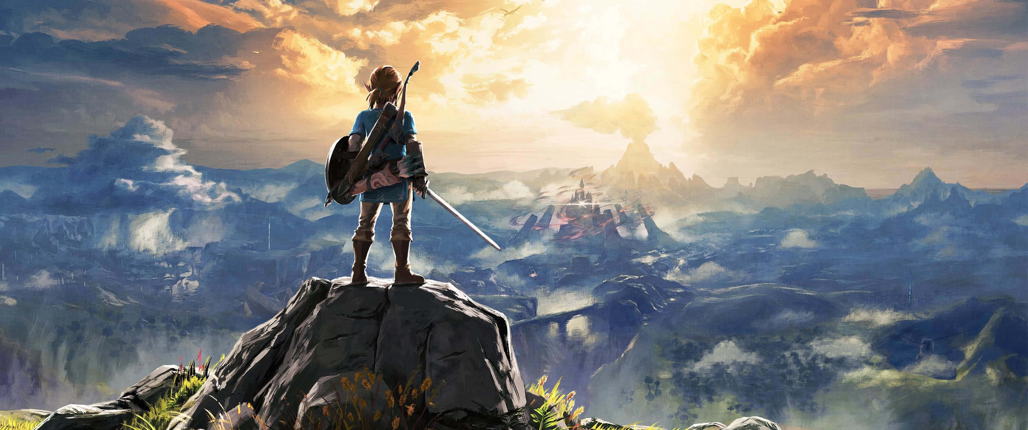 The Legend Of Zelda Hyrule 桌布 壁紙 — 一位孤獨的冒險家站在日落時分的岩石山頂上，俯瞰著廣闊的山地景觀，遠處有一座城堡。