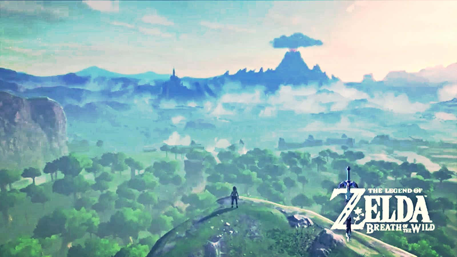 Breath Of The Wild 桌布 壁紙 — 一位孤獨的冒險家站在長滿青草的山脊上，俯瞰著一個霧氣瀰漫的山谷，遠處有山脈和一座冒煙的火山，天空柔和。