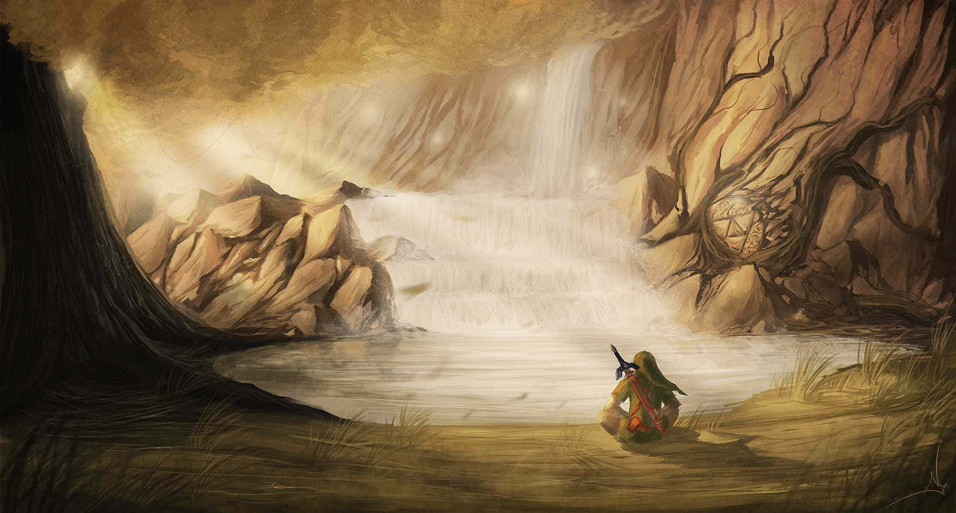 Game Art 桌布 壁紙 — 一位孤獨的冒險家跪在一個洞穴般的峽谷中，霧氣繚繞的瀑布前，沐浴在金色的光芒中。