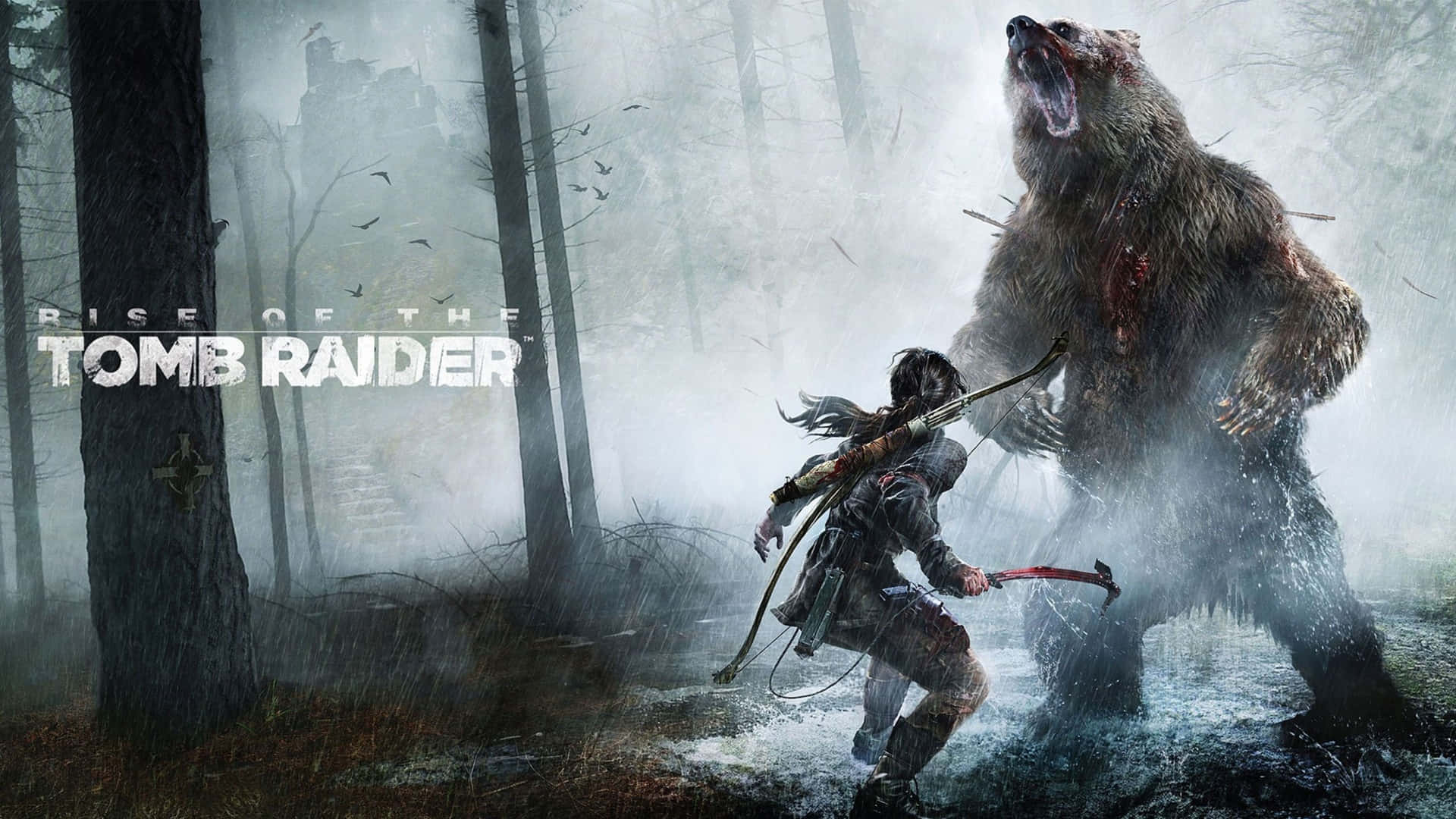 Lara Croft 桌布 壁紙 — 一位孤獨的冒險者在迷霧和雨水浸濕的森林中與一隻巨大的熊搏鬥，背景中有一座城堡若隱若現。
