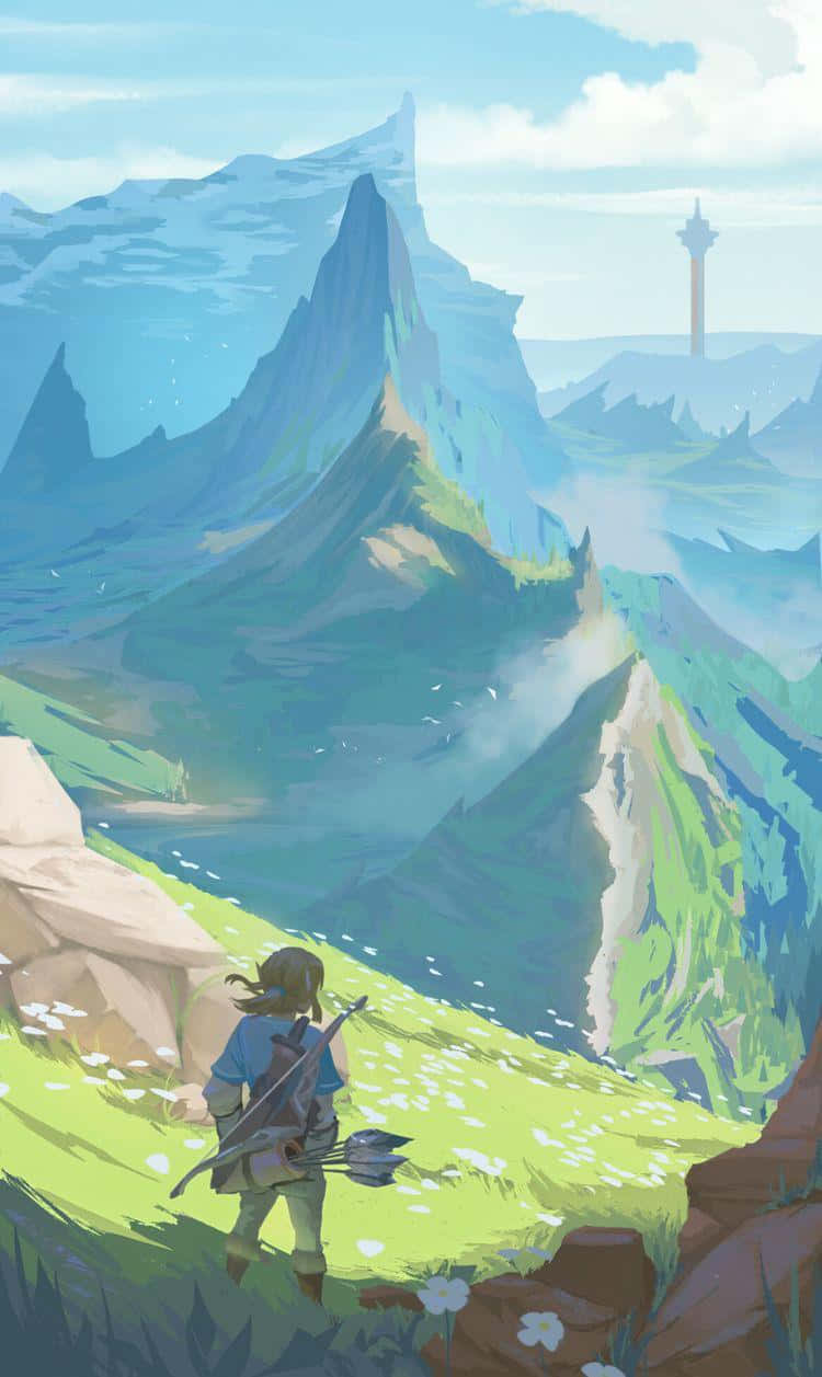 Botw 桌布 壁紙 — 一位孤獨的冒險者帶著弓，在明亮的天空下穿過充滿活力的綠色山谷，走向高聳的藍色山脈。