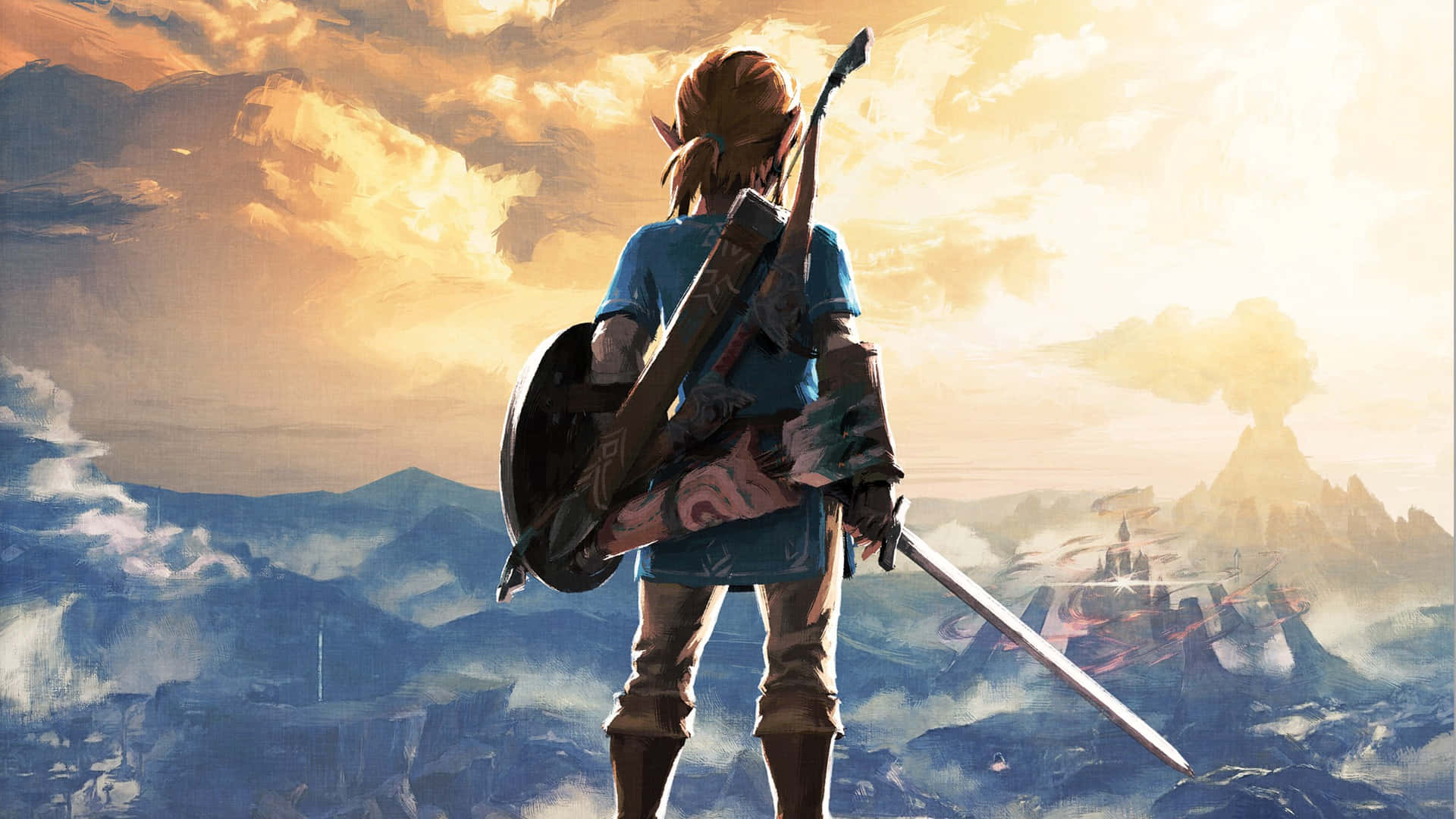 Botw 桌布 壁紙 — 一位孤獨的冒險者手持劍與盾，站在懸崖頂端，俯瞰著金色日落時分霧氣繚繞的山脈。