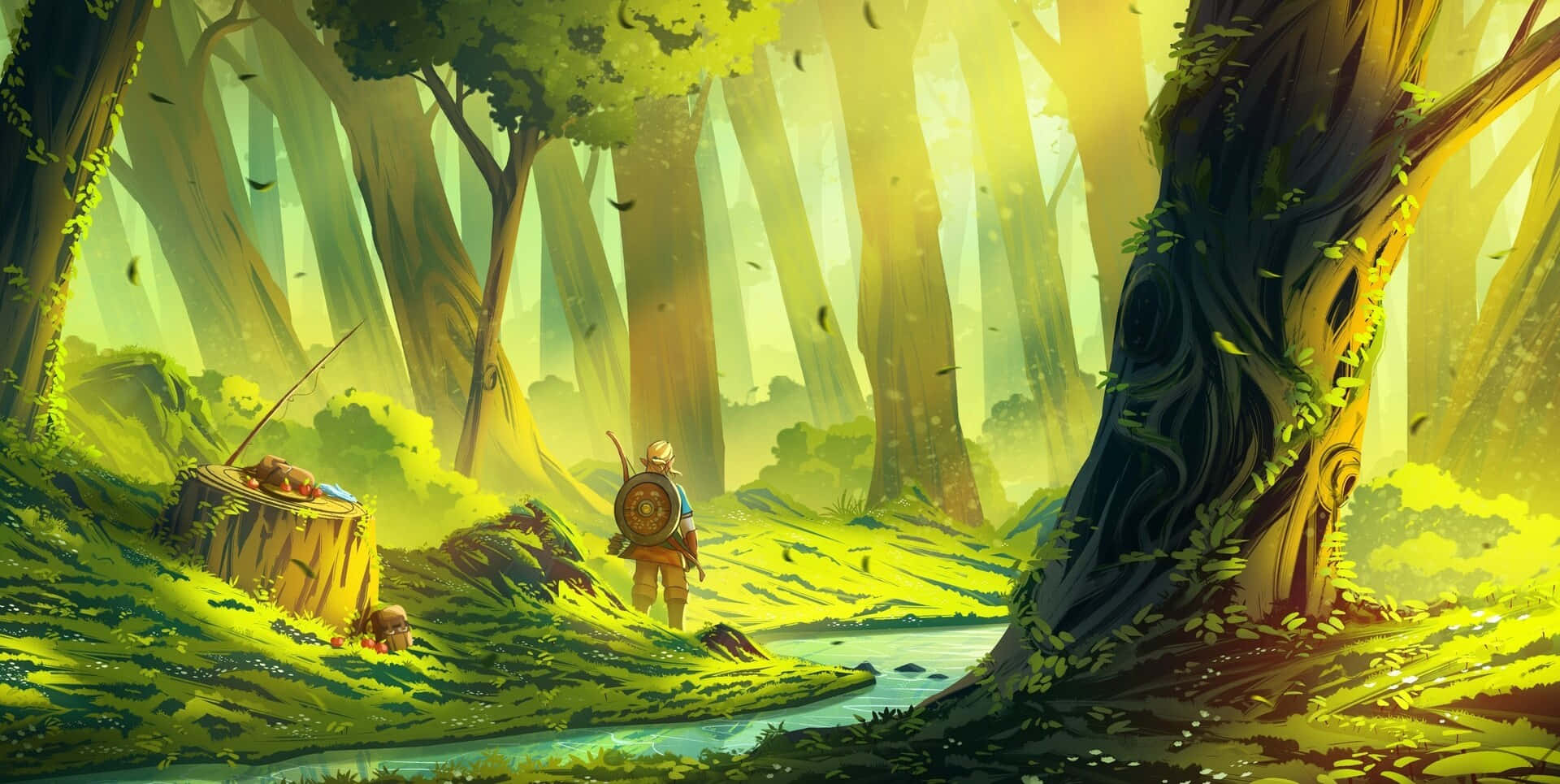 The Legend Of Zelda Tears Of The Kingdom 桌布 壁紙 — 一位孤獨的冒險者手持盾牌，走過陽光明媚的森林，森林中有高聳的樹木和蜿蜒的小溪。