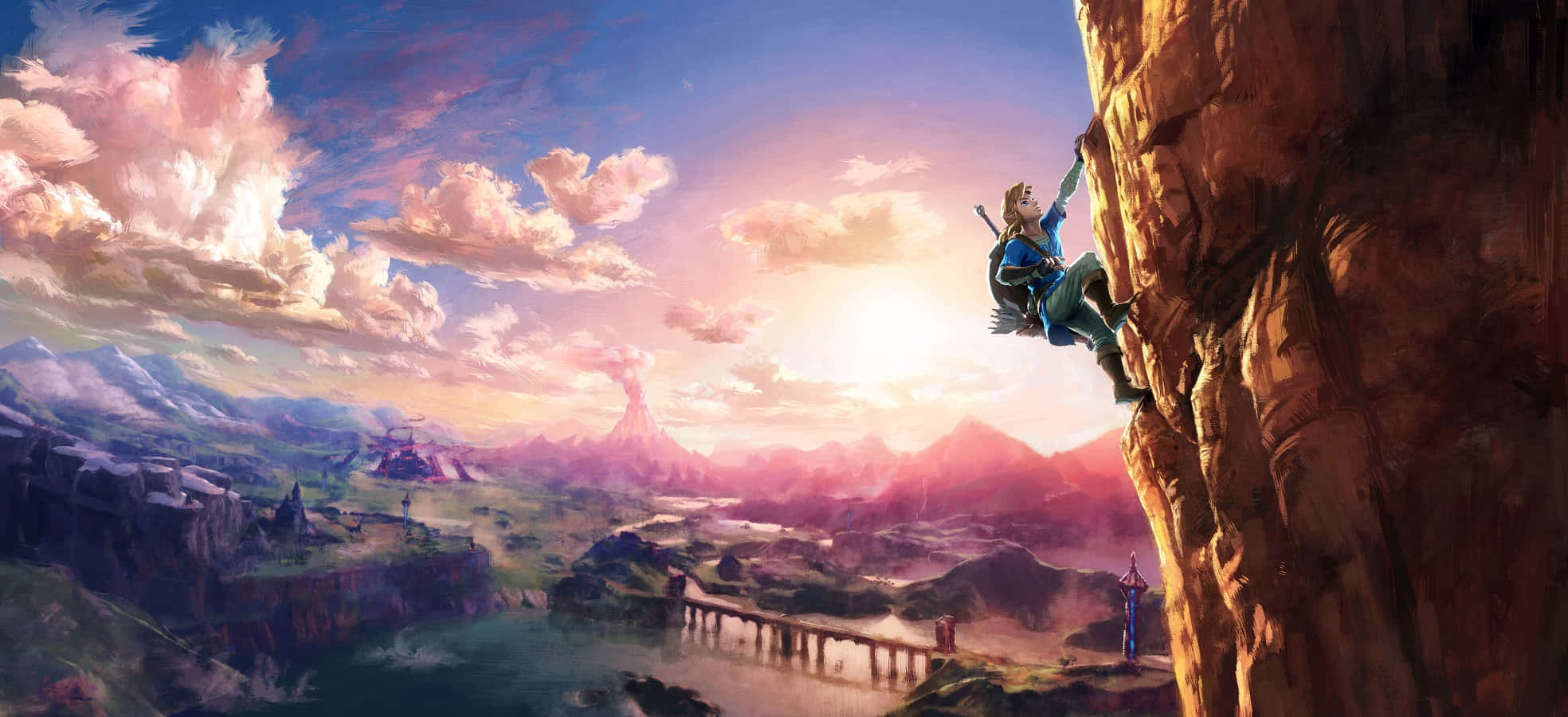 Breath Of The Wild 桌布 壁紙 — 一位孤獨的冒險者攀爬在陽光照耀的懸崖上，俯瞰著一個廣闊的幻想山谷，遠處有山脈和一座發光的橋樑。