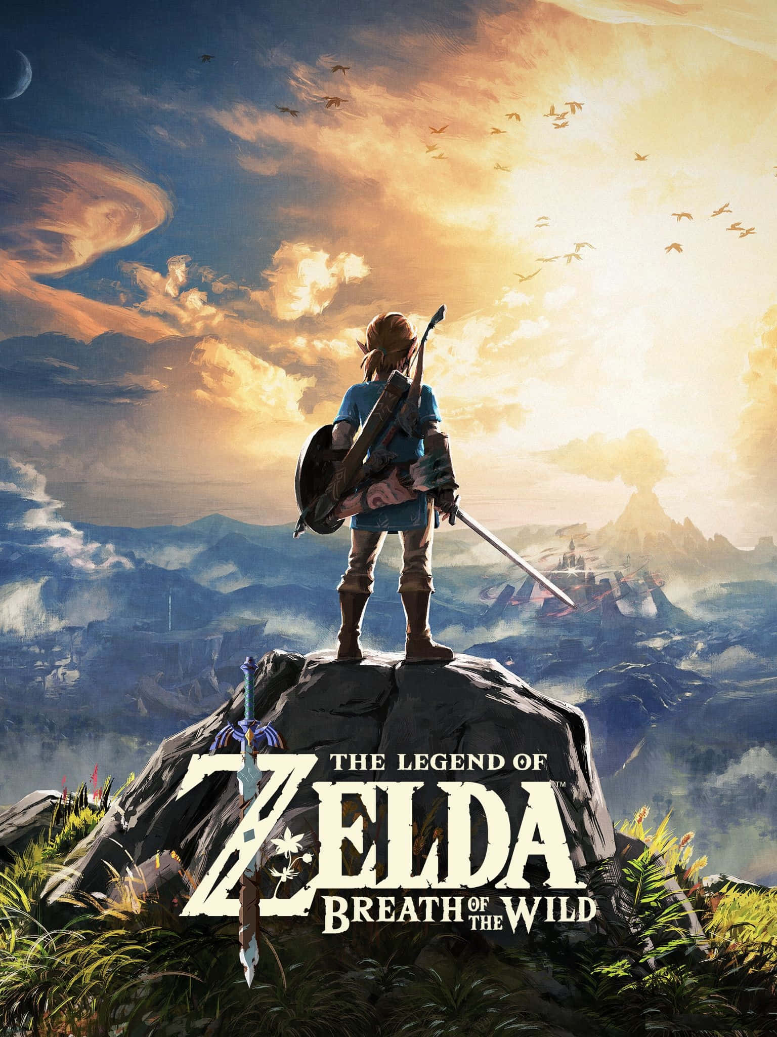 Breath Of The Wild 桌布 壁紙 — 一位孤獨的冒險者站在岩石山峰上，俯瞰著廣闊的迷霧景觀，天空中有鳥兒飛翔，夕陽壯麗。