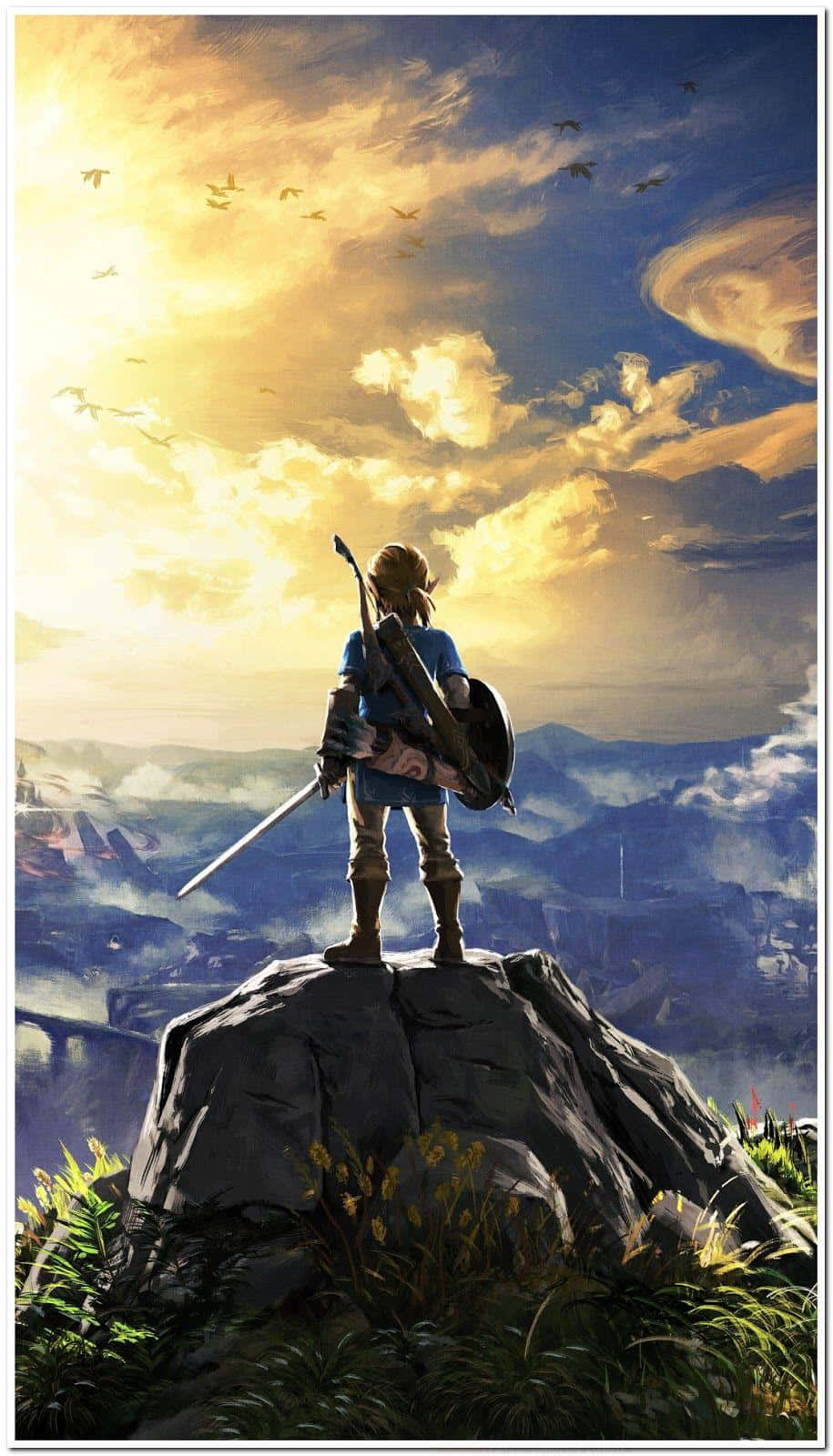 game 桌布 壁紙 — 一位孤獨的冒險者站在岩石山峰上，俯瞰著霧氣瀰漫的山谷，金色的陽光灑滿天空，鳥兒在上空翱翔。