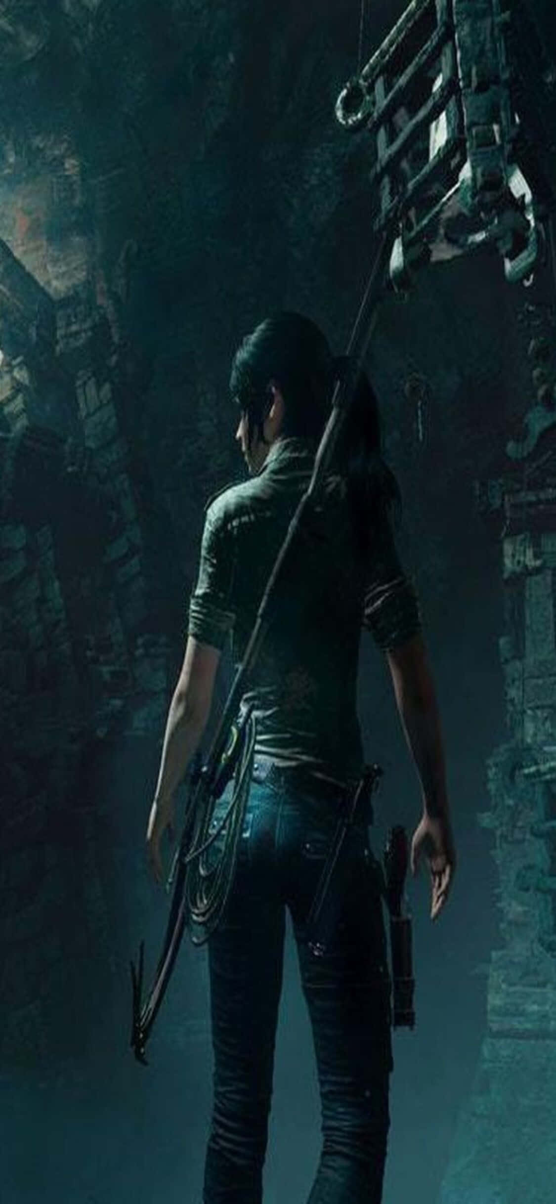 iPhone X Just Cause 4 桌布 壁紙 — 一位孤獨的冒險者站在昏暗的古代遺跡中，手持弓箭和繩索裝備。