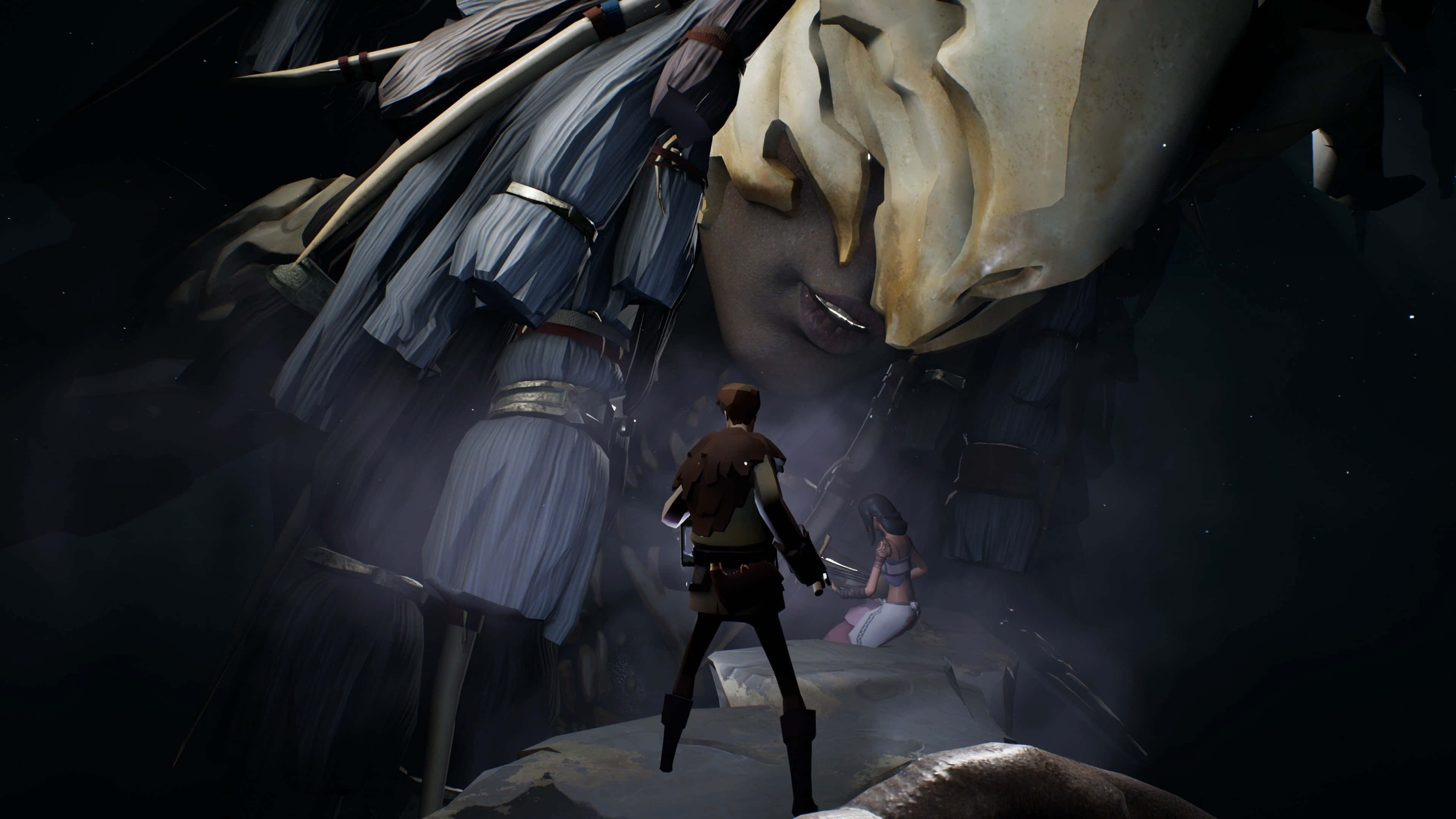 Ashen 桌布 壁紙 — 一位孤獨的冒險者站在霧氣瀰漫的洞穴中，面對一個巨大而寧靜的石頭面孔，附近有一位同伴。