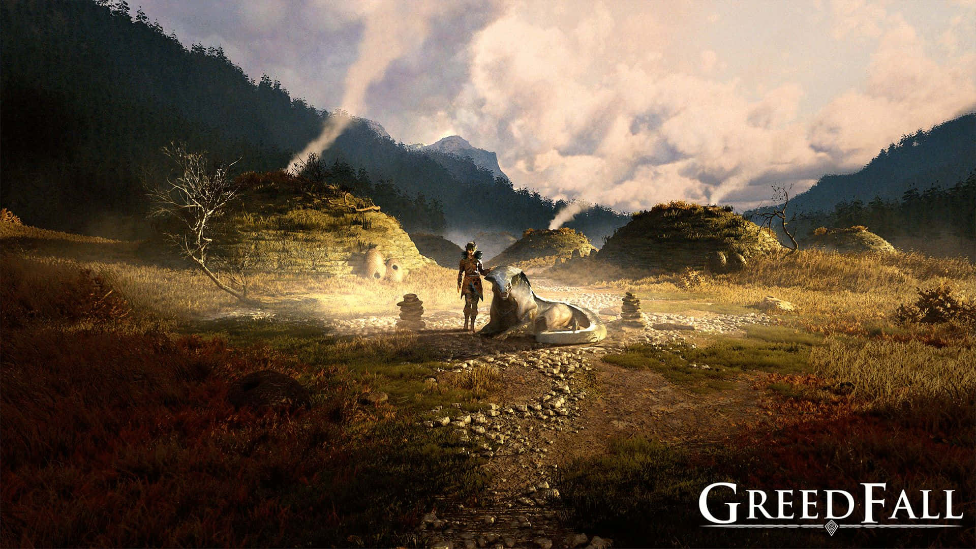 1920x1080 Greedfall 桌布 壁紙 — 一位孤獨的冒險者走過霧氣瀰漫的山谷，那裡有古老的石結構和從土丘升起的蒸汽。