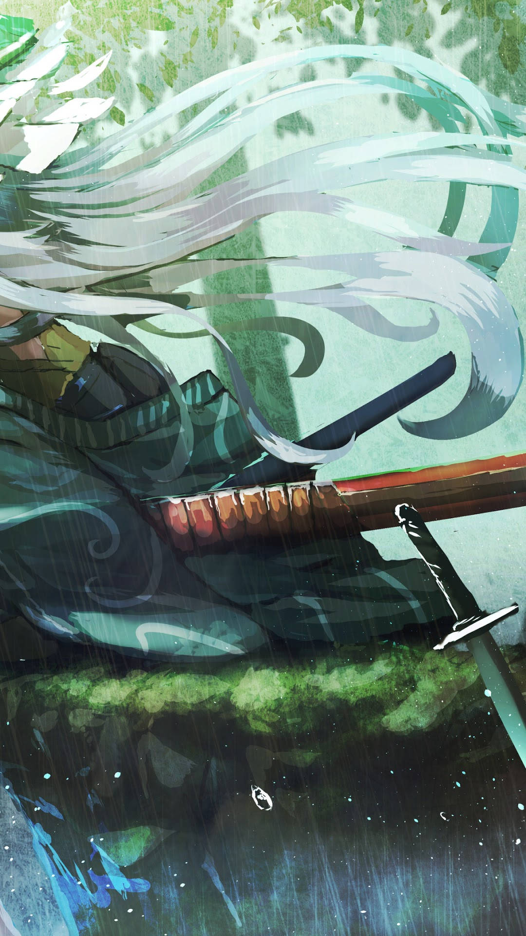 Anime Samurai 桌布 壁紙 — 一位孤獨的劍客，飄逸的白髮，在雨中站在綠色樹冠下，拔劍對著陰鬱的森林背景。