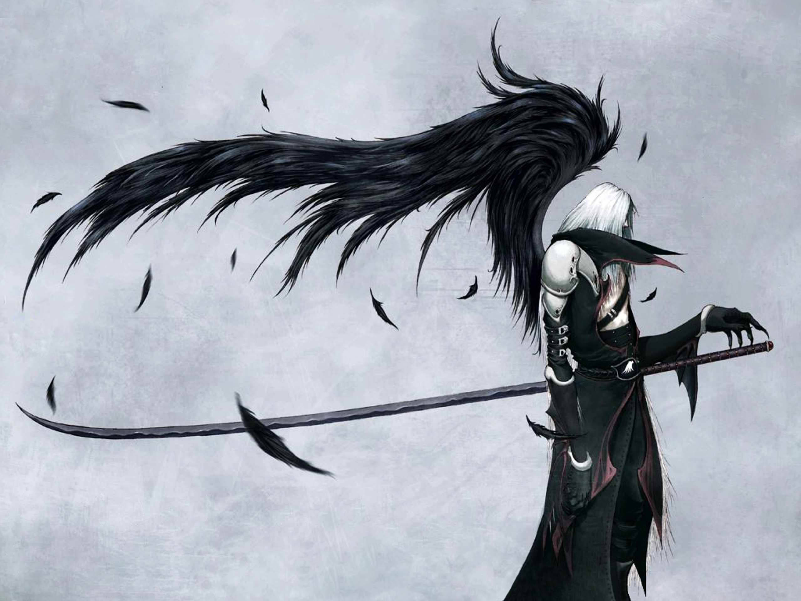 Sephiroth 桌布 壁紙 — 一位孤獨的動漫戰士，白髮黑翼，在灰色背景下揮舞長劍。